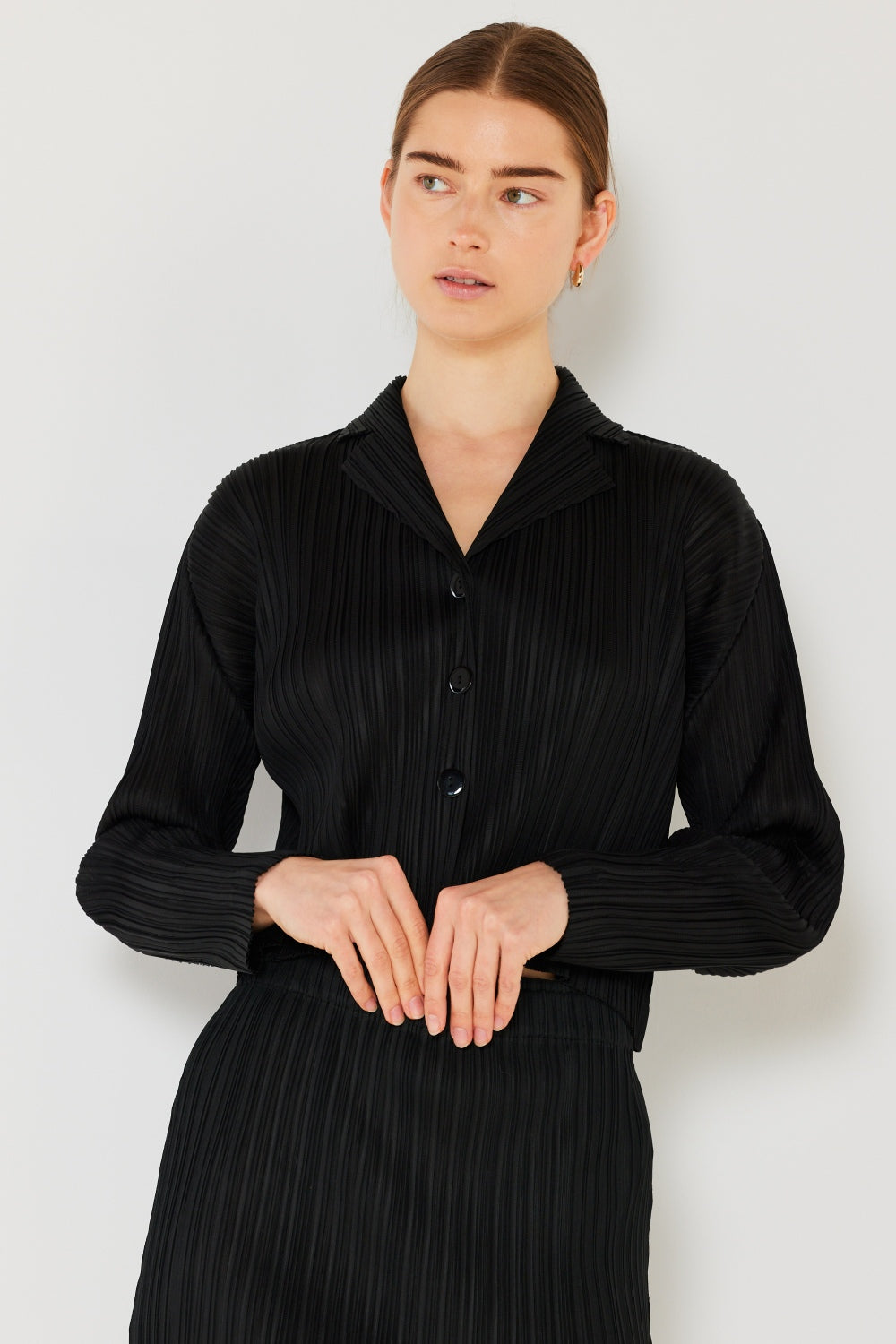 Marina West Swim Pleated Cropped Button Up Shirt Trendsi