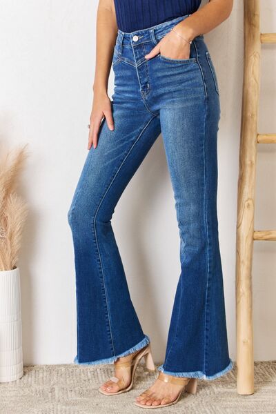 Kancan High Rise Raw Hem Flare Jeans Trendsi