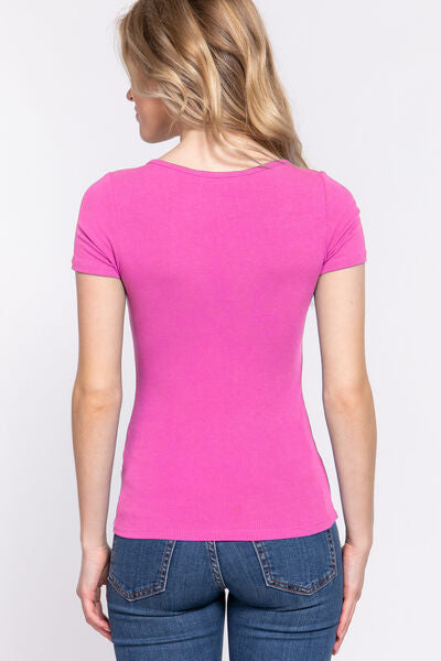 ACTIVE BASIC Lace Up Short Sleeve Rib Knit T-Shirt Trendsi
