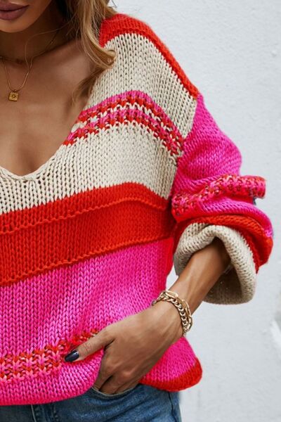 Color Block V-Neck Dropped Shoulder Sweater Trendsi