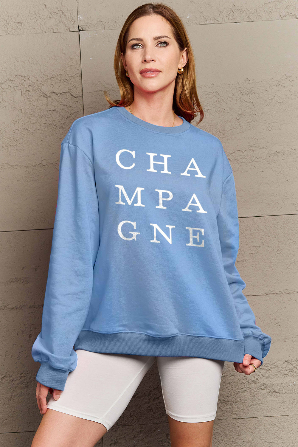 Simply Love Full Size CHAMPAGNE Graphic Long Sleeve Sweatshirt Trendsi
