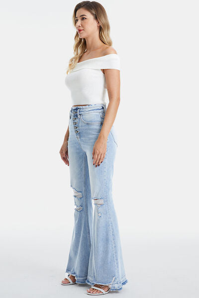 BAYEAS Full Size Distressed Raw Hem High Waist Flare Jeans Trendsi