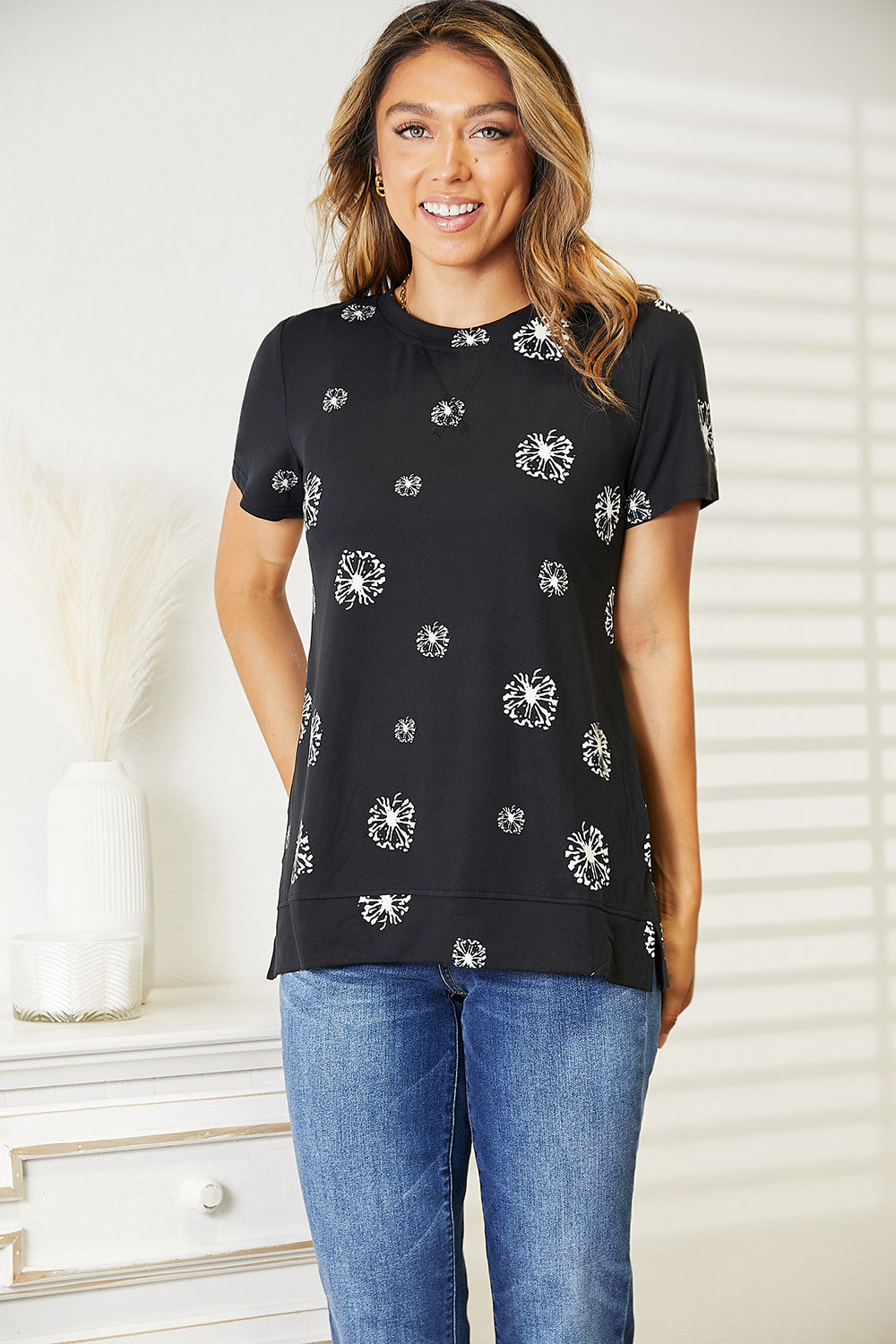 Double Take Dandelion Print Round Neck T-Shirt Trendsi
