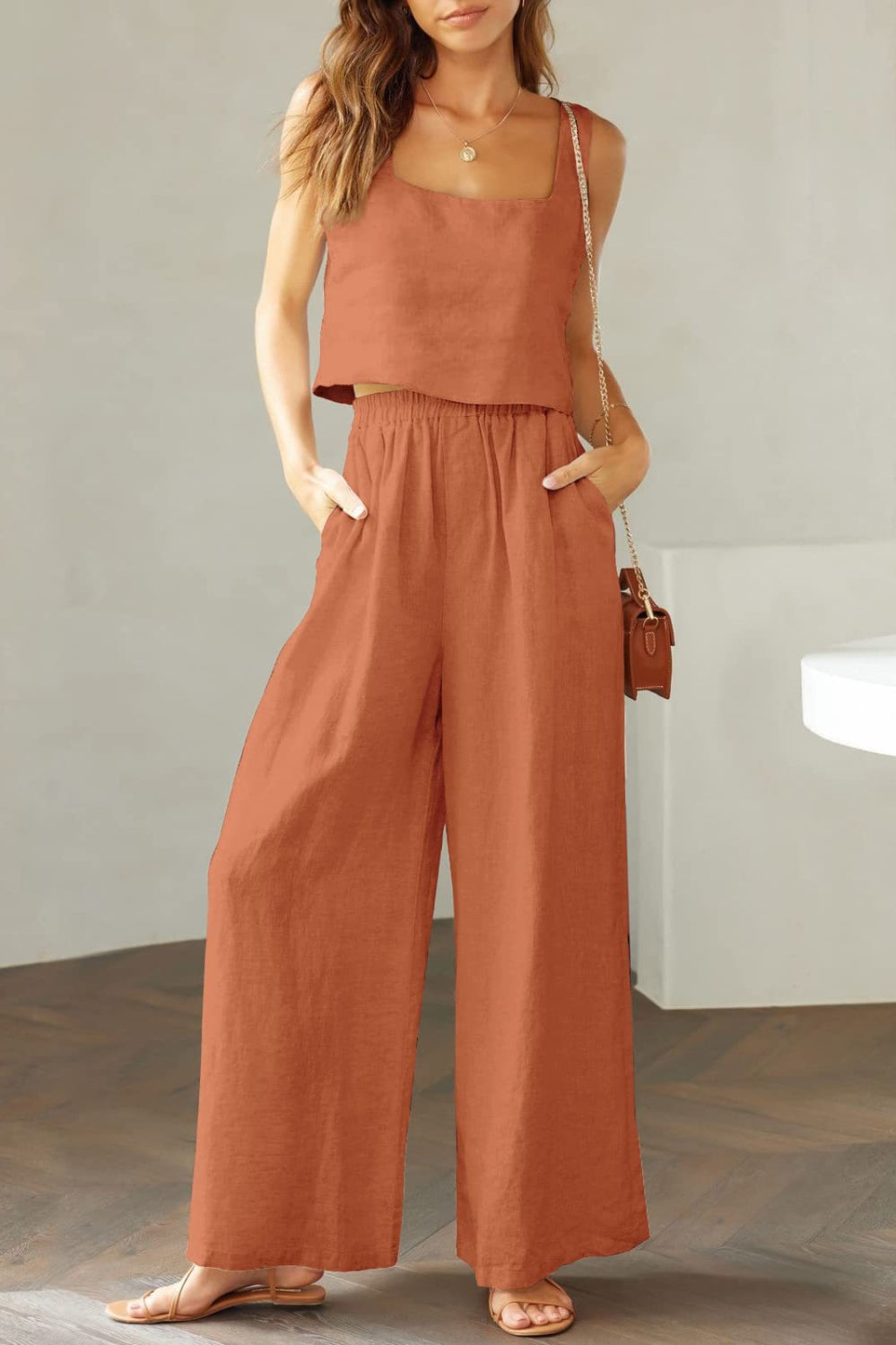 Square Neck Top and Wide Leg Pants Set Trendsi