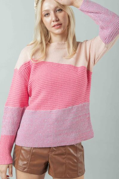 Very J Color Block Long Sleeve Sweater Trendsi