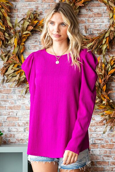 First Love Texture Puff Sleeve Round Neck Blouse Trendsi