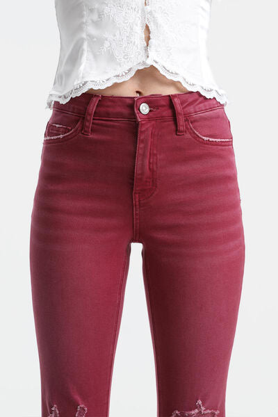 BAYEAS Full Size High Waist Distressed Raw Hem Flare Jeans Trendsi