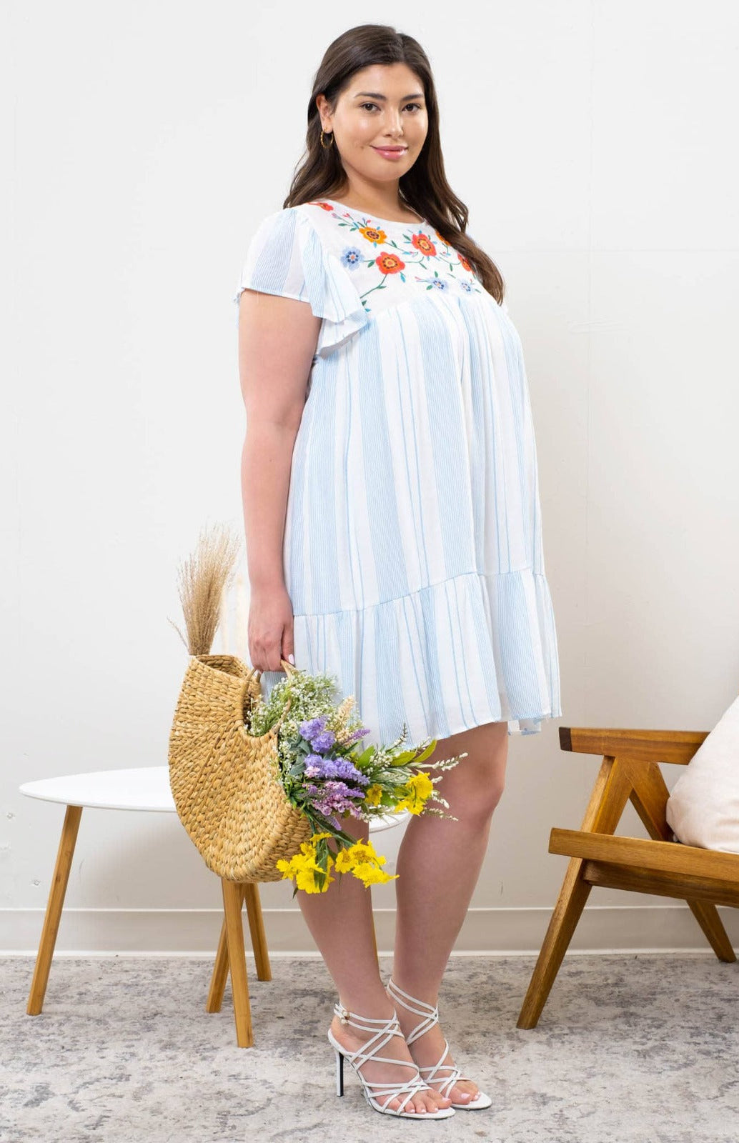 Plus Size Striped Dress with Floral Embroidery in Blue, White and Red Cute Hues