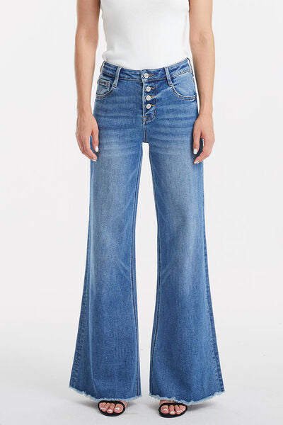 BAYEAS Full Size High Waist Button-Fly Raw Hem Wide Leg Jeans Trendsi
