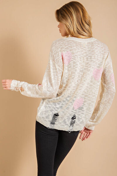 Kori America Heart Pattern Distressed Sweater Trendsi