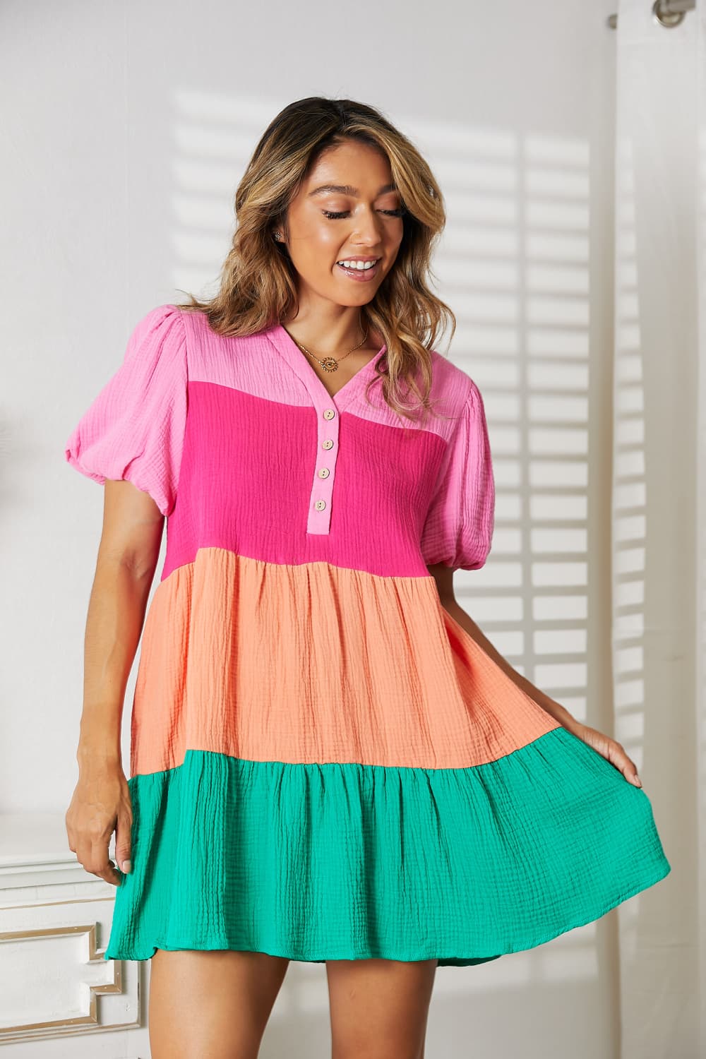 Double Take Color Block Buttoned Puff Sleeve Dress Trendsi