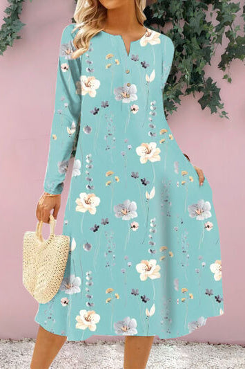 Floral Notched Long Sleeve Midi Dress Trendsi