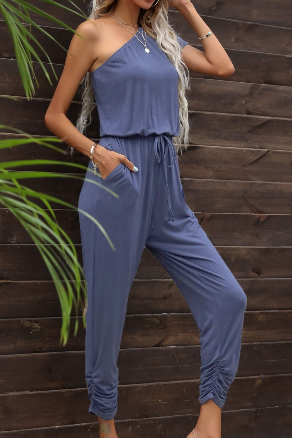 Drawstring Waist One-Shoulder Jumpsuit with Pockets Casual Chic Boutique