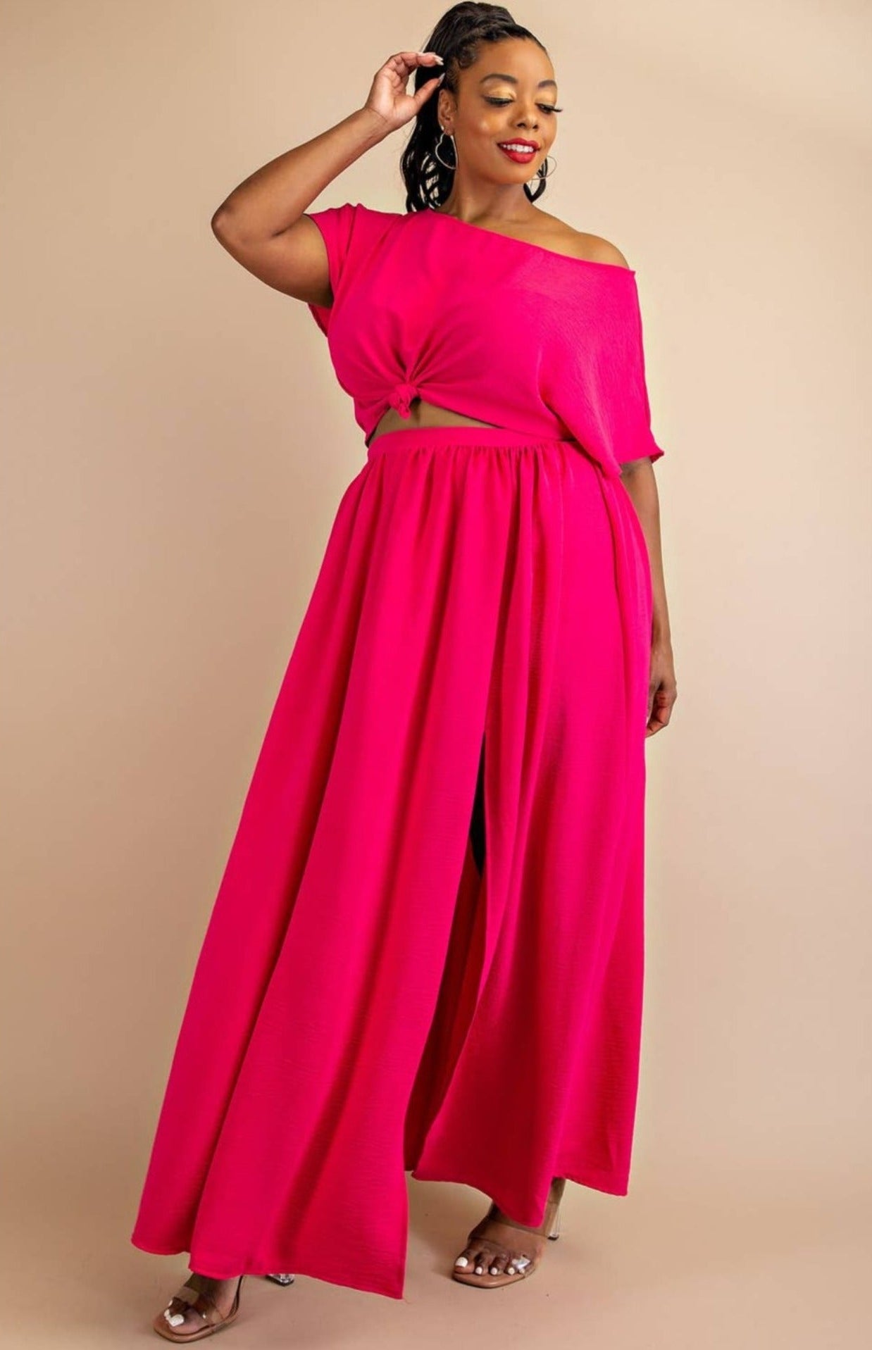 Plus Size Off-Shoulder Top and Maxi Skirt 2-Piece Set in Hot Pink Cute Hues