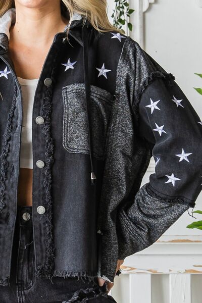 Veveret Star Embroidered Hooded Denim Jacket Trendsi