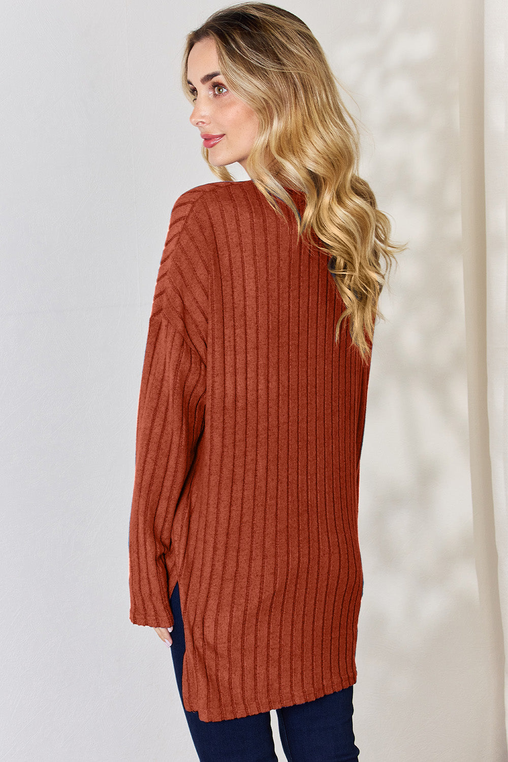 Basic Bae Full Size Ribbed Half Button Long Sleeve High-Low T-Shirt Trendsi