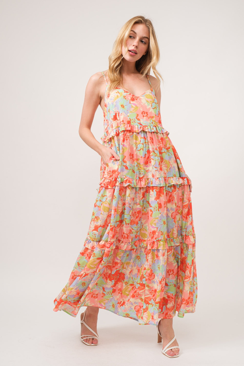 And The Why Floral Ruffled Tiered Maxi Cami Dress Trendsi