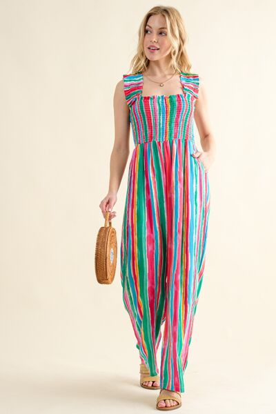 And The Why Full Size Striped Smocked Sleeveless Jumpsuit Trendsi