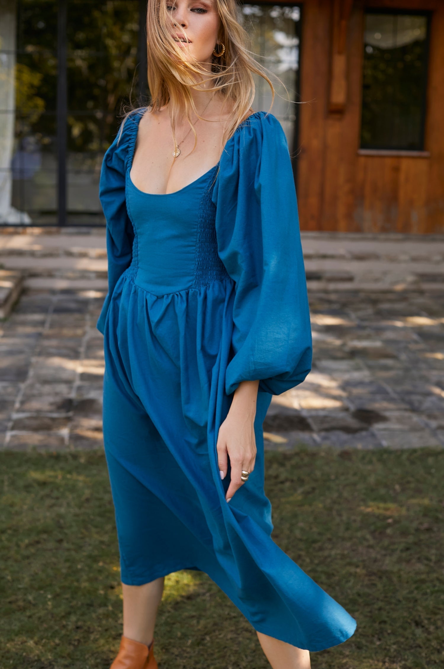 Alila Smocked Linen Midi Dress ELF