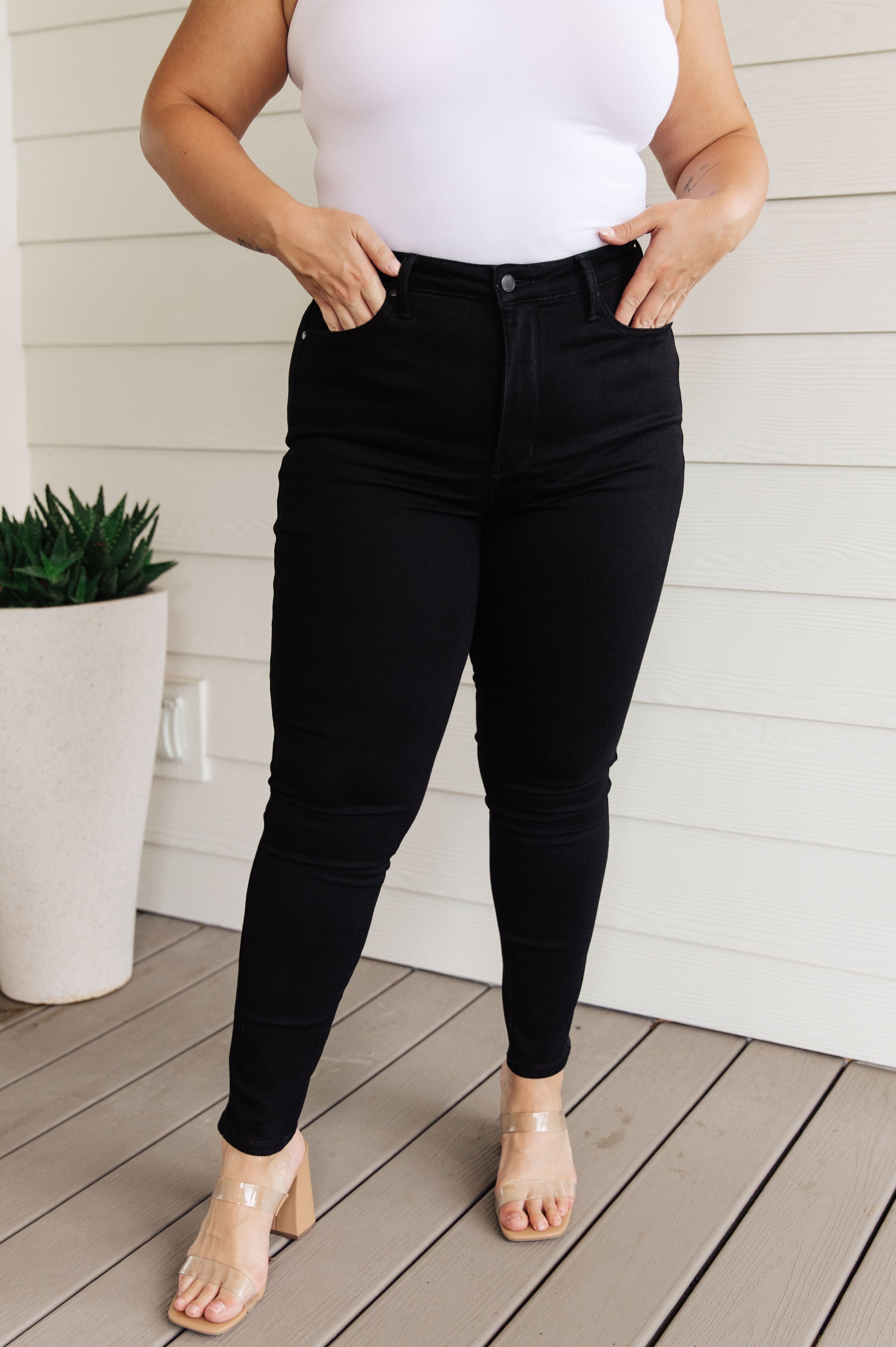 Audrey High Rise Control Top Classic Skinny Jeans in Black Ave Shops
