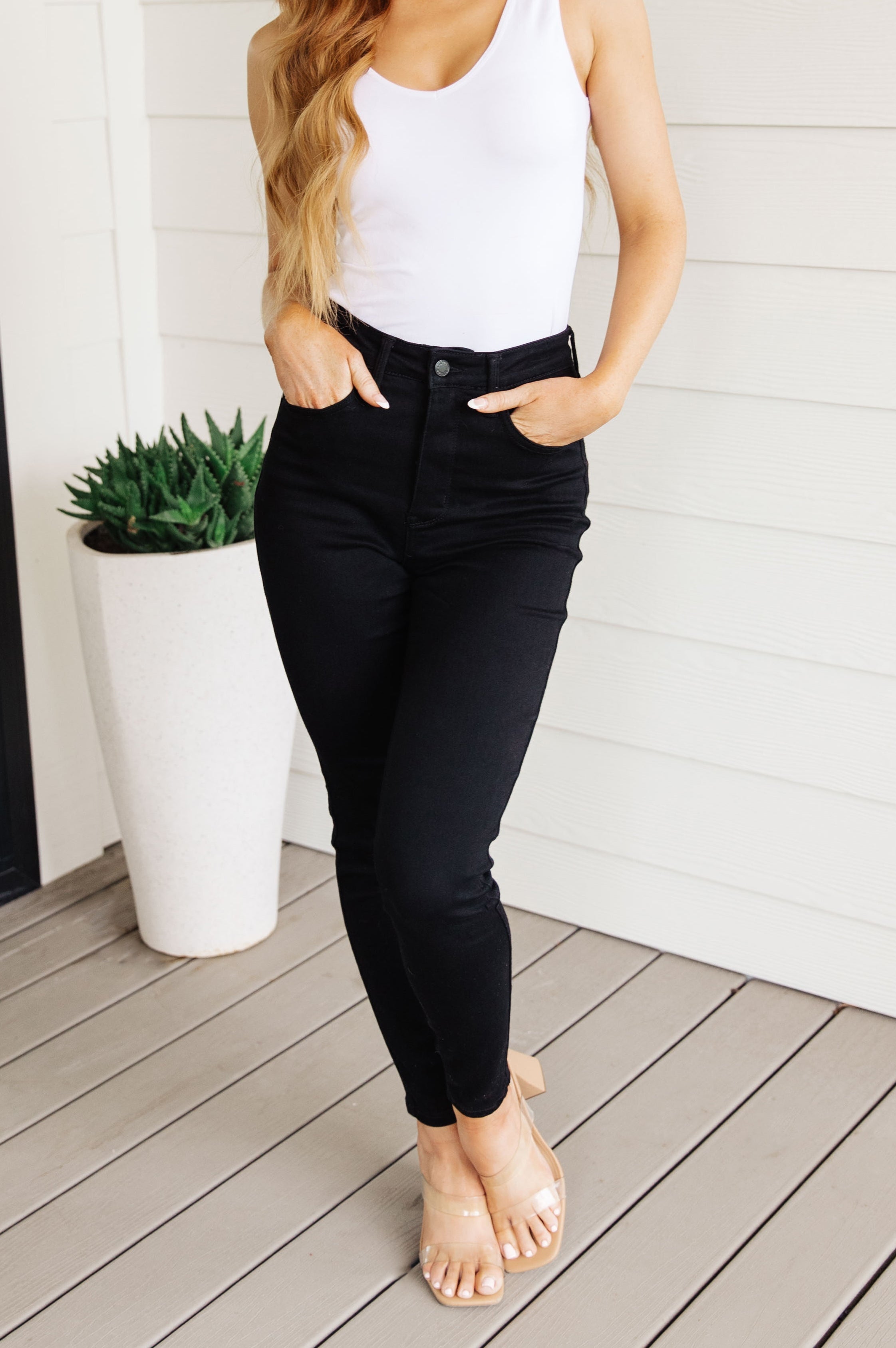 Audrey High Rise Control Top Classic Skinny Jeans in Black Ave Shops