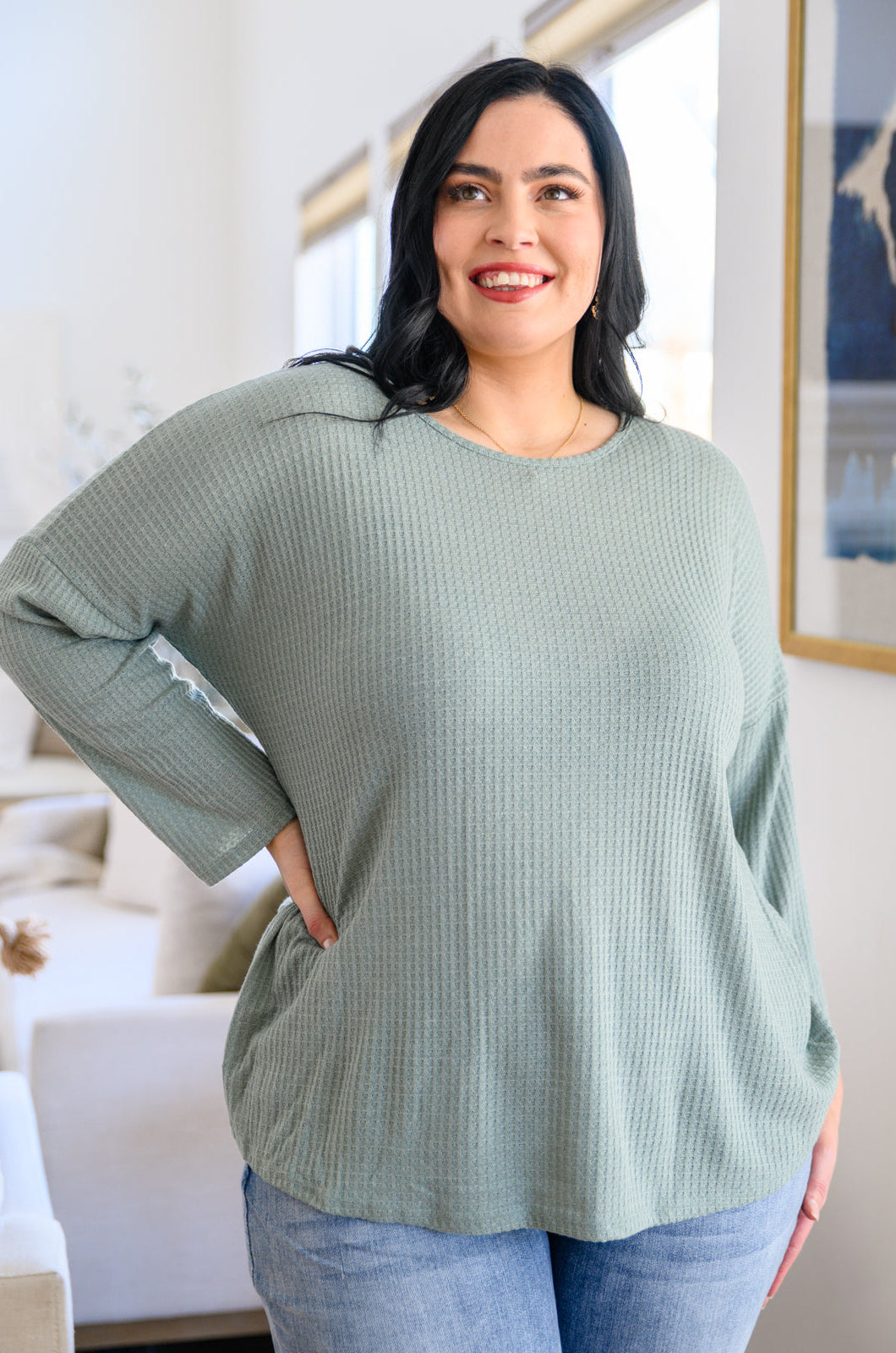 Austin Waffle Knit Basic Top In Sage Ave Shops
