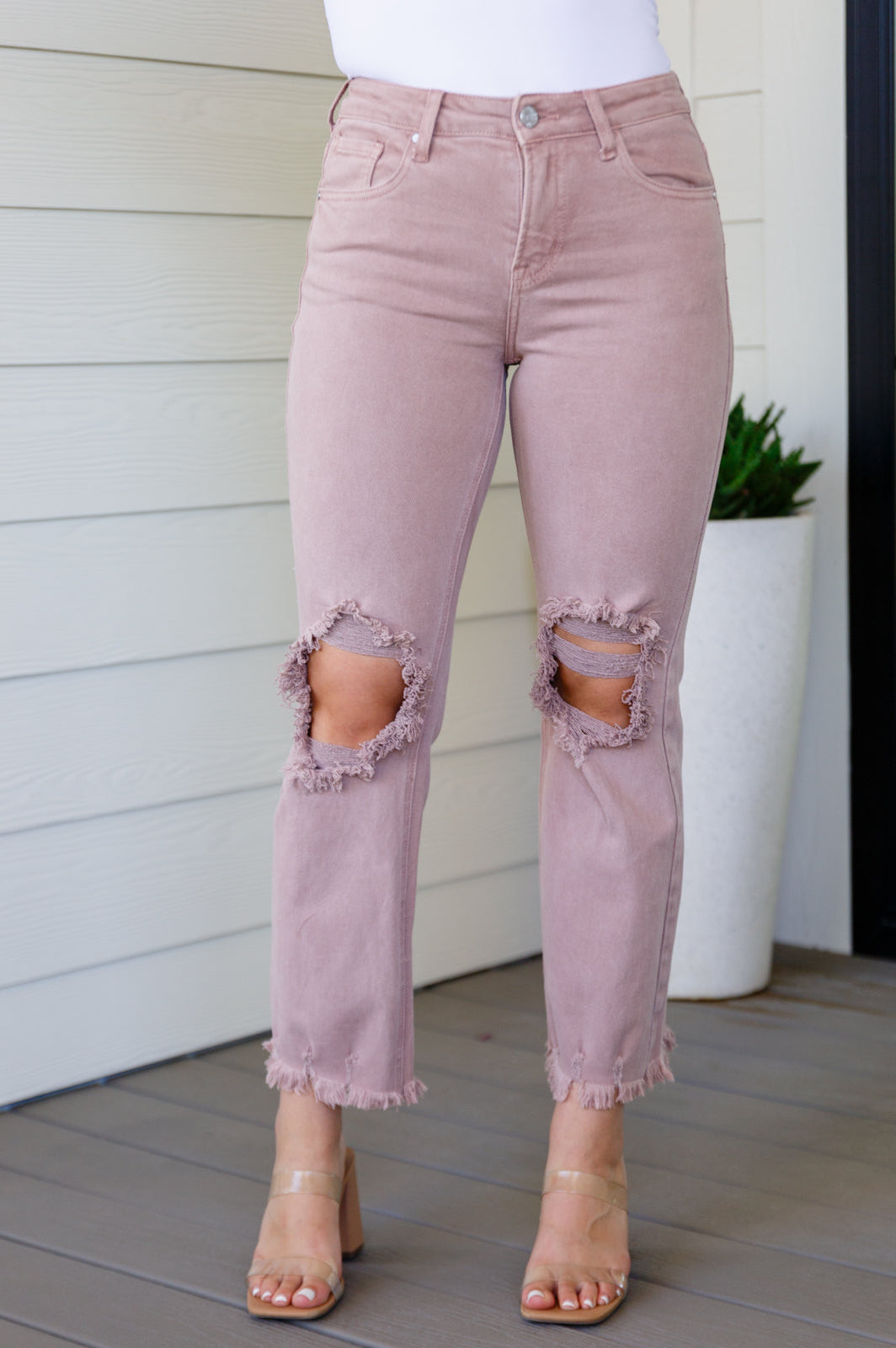 Babs High Rise Distressed Straight Jeans in Mauve Ave Shops