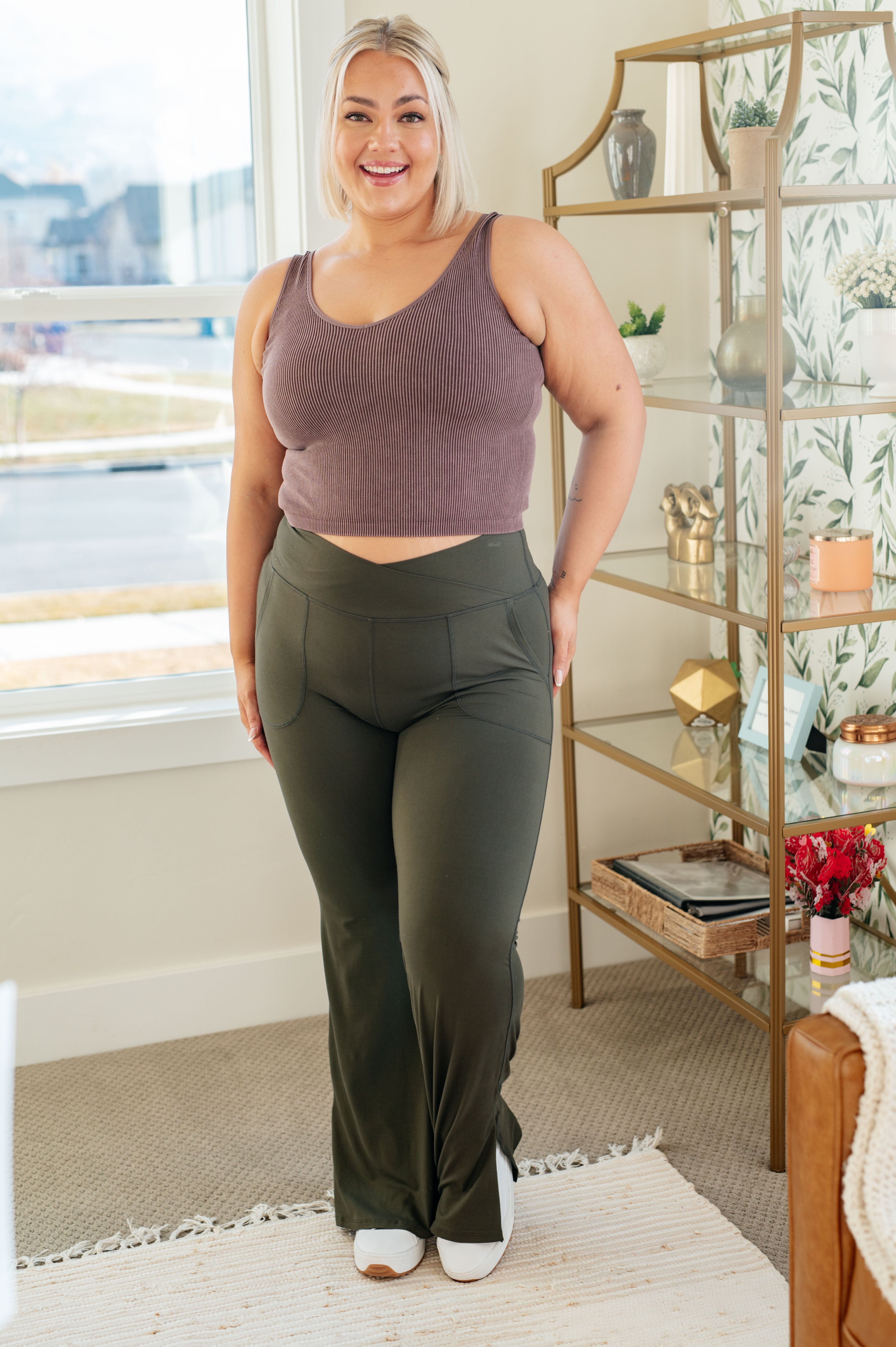 On the Move V Front Flare Leggings in Olive Ave Shops