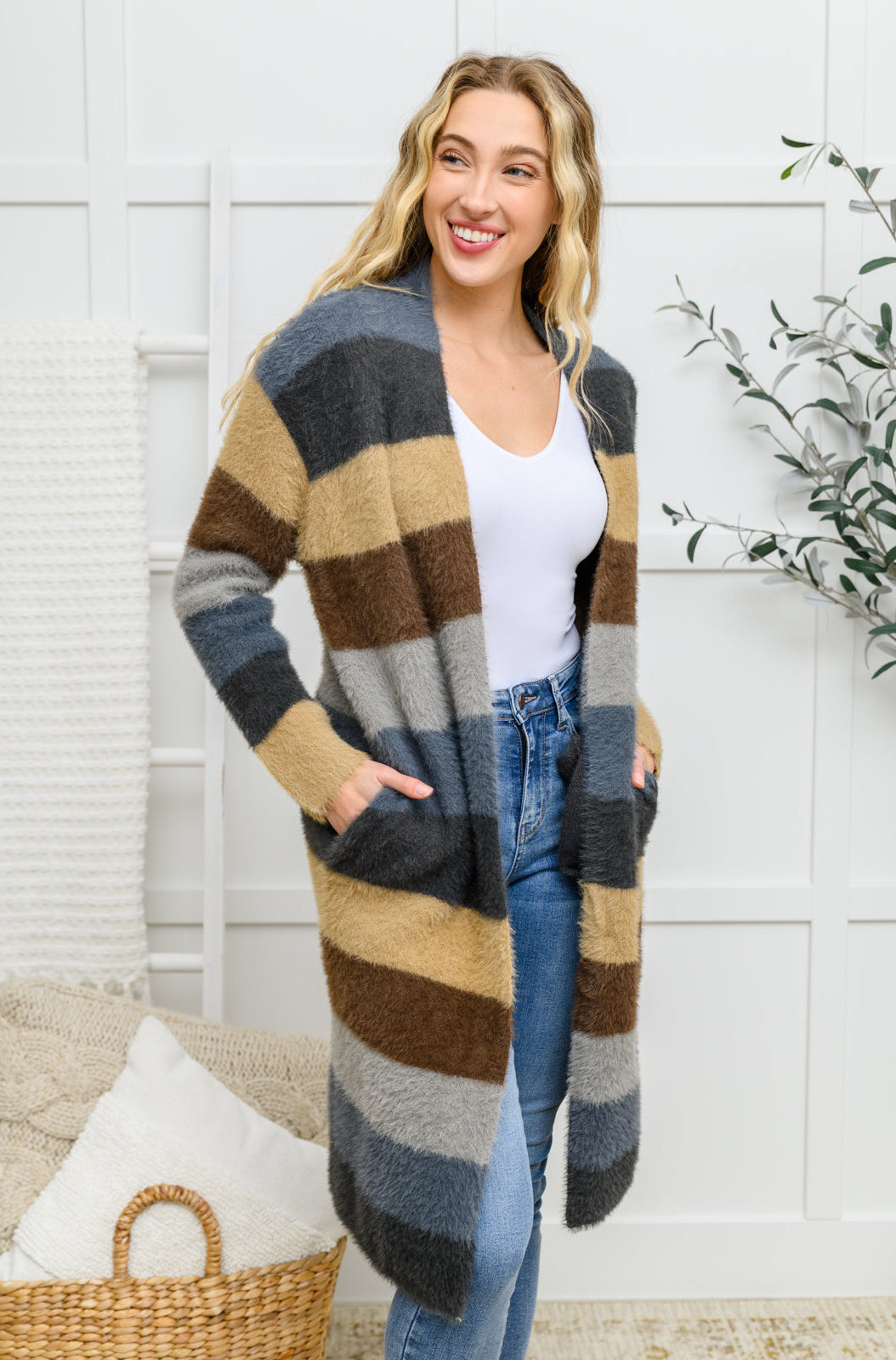 Fuzzy Longline Cardigan In Blue & Cocoa Ave Shops