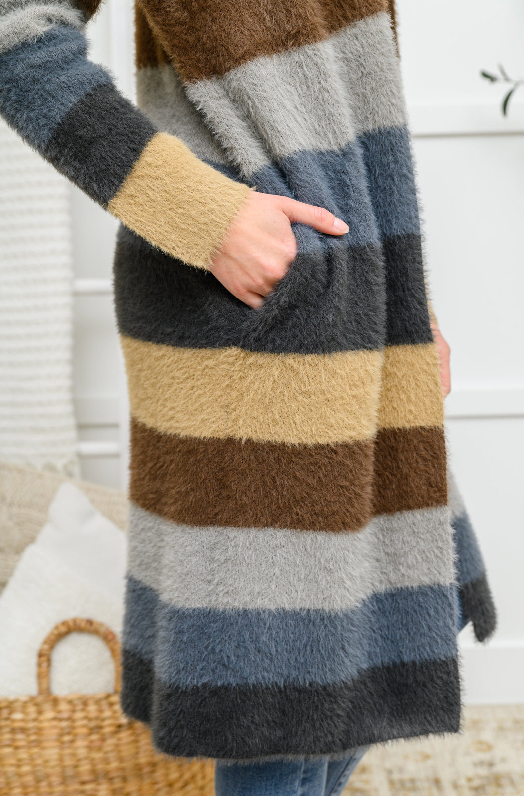 Fuzzy Longline Cardigan In Blue & Cocoa Ave Shops