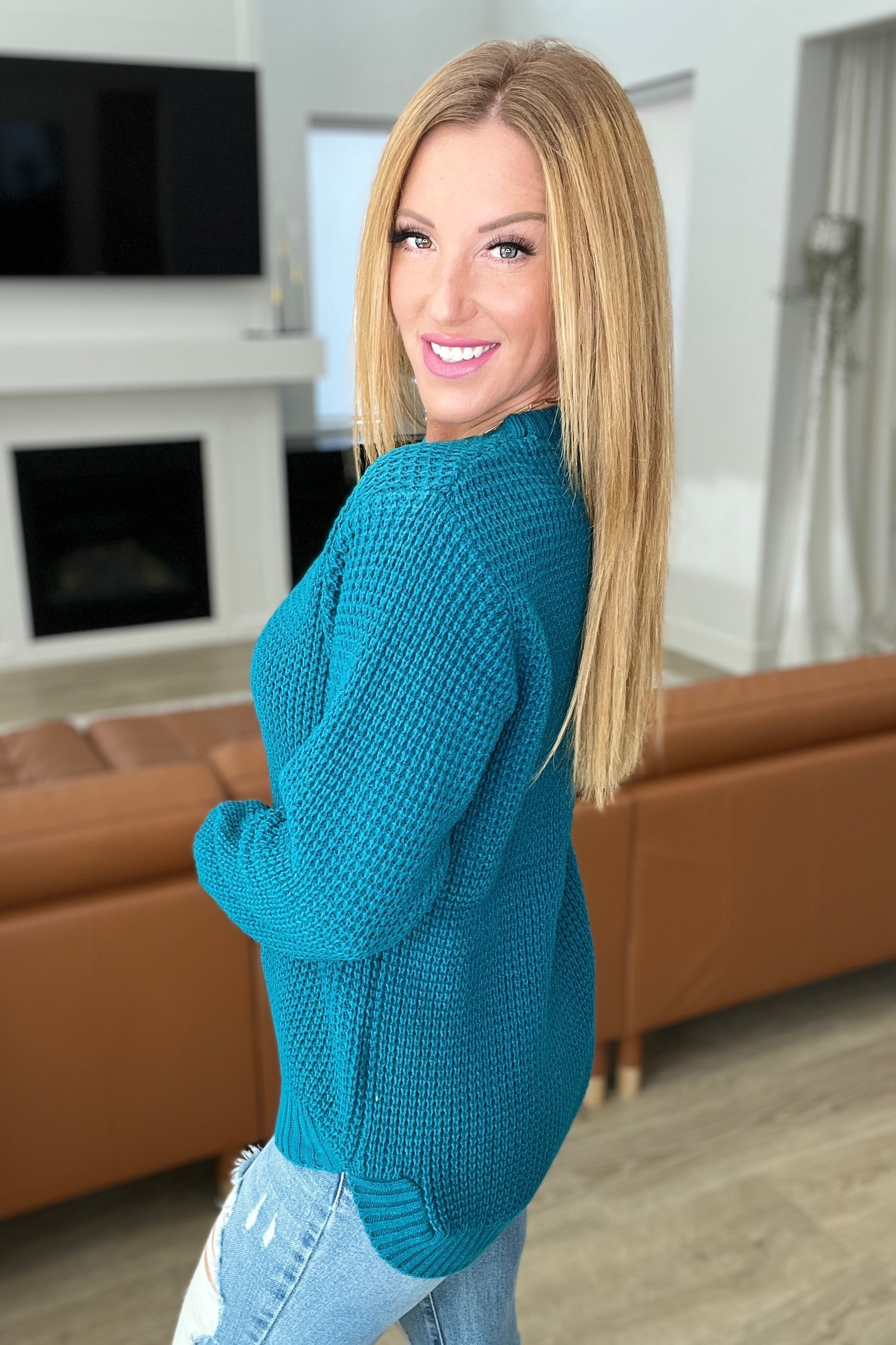 High Low Waffle Knit Sweater in Ocean Teal Ave Shops