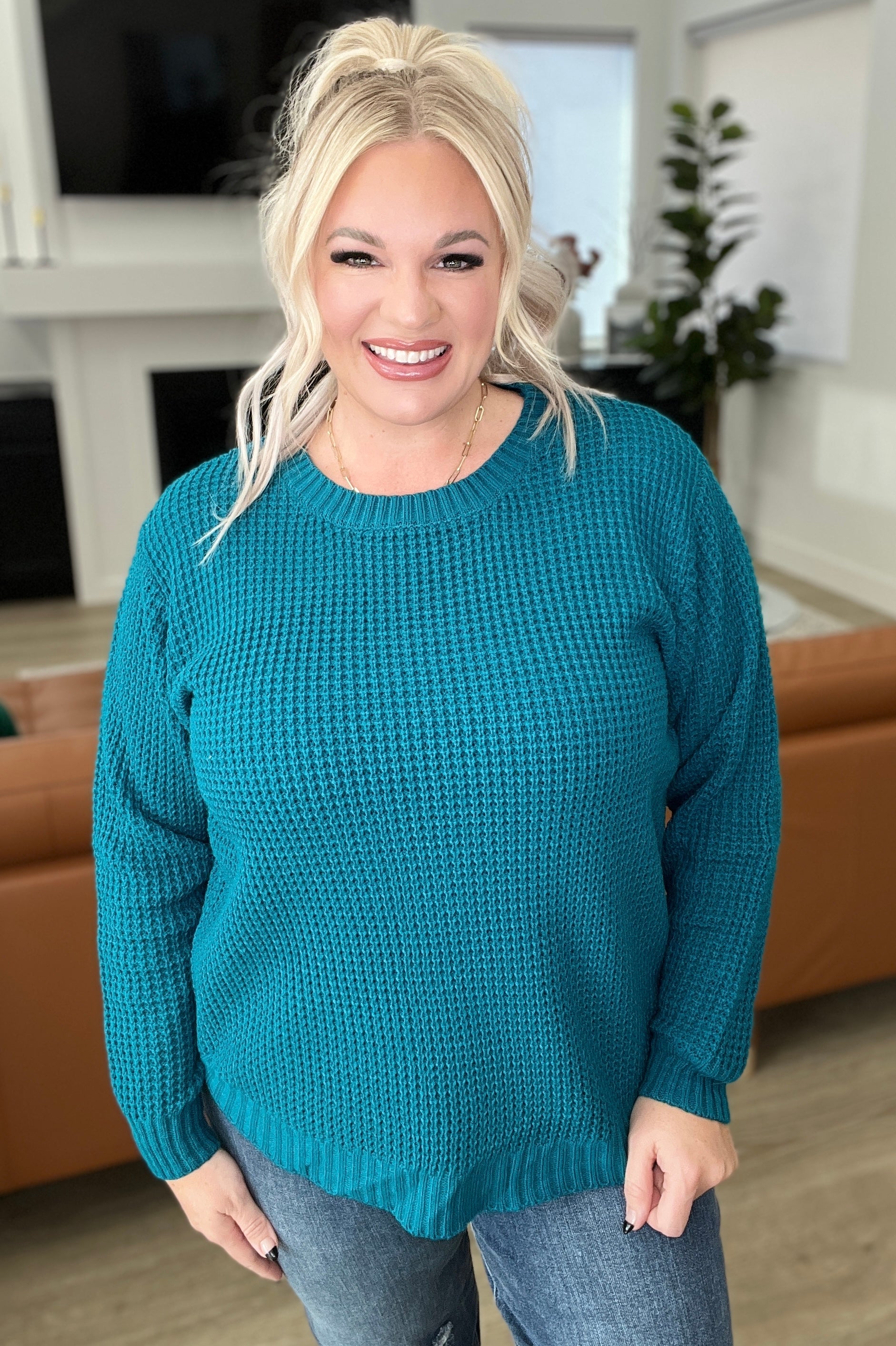 High Low Waffle Knit Sweater in Ocean Teal Ave Shops