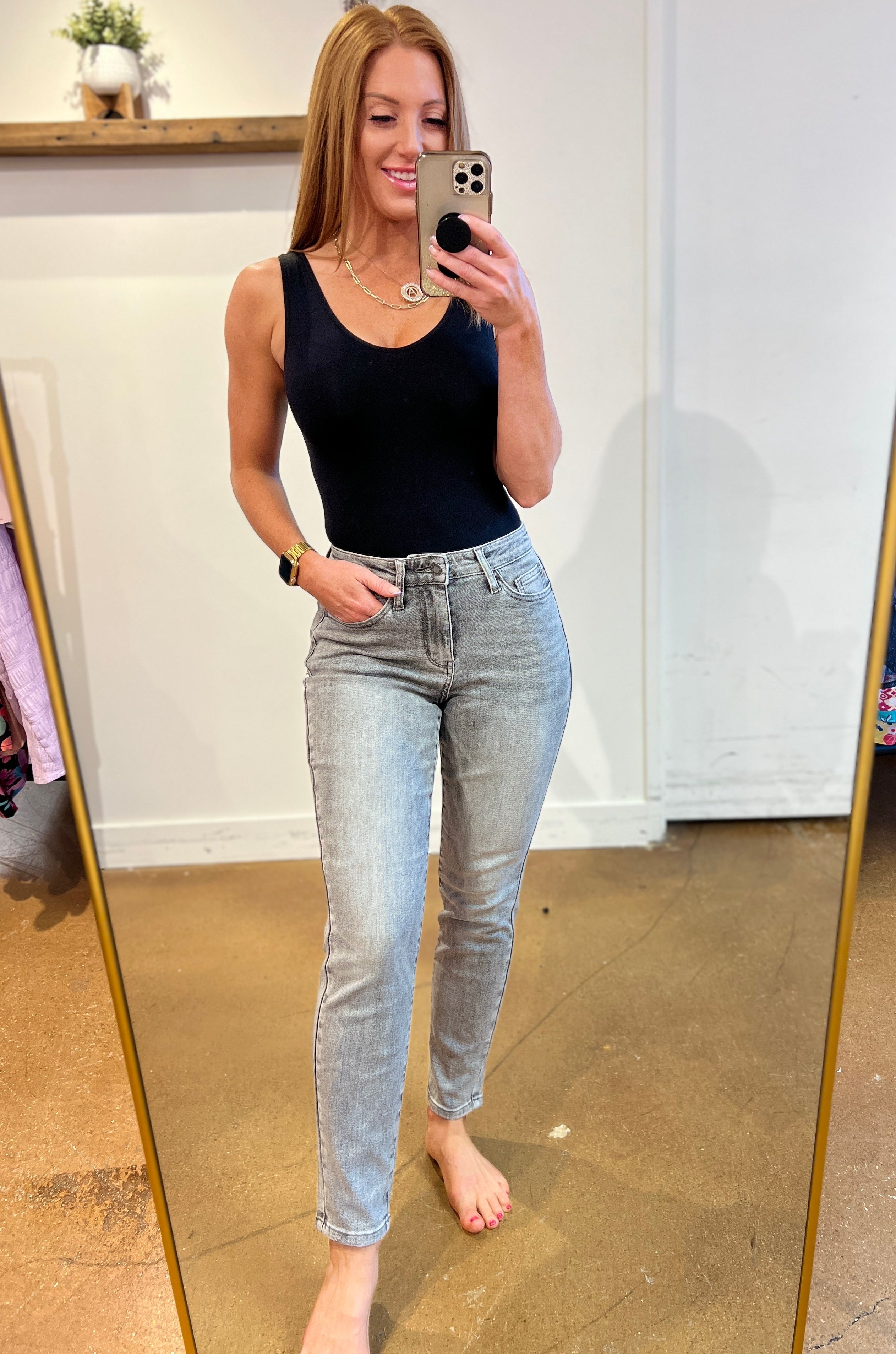 Charlotte High Rise Stone Wash Slim Jeans in Gray Ave Shops