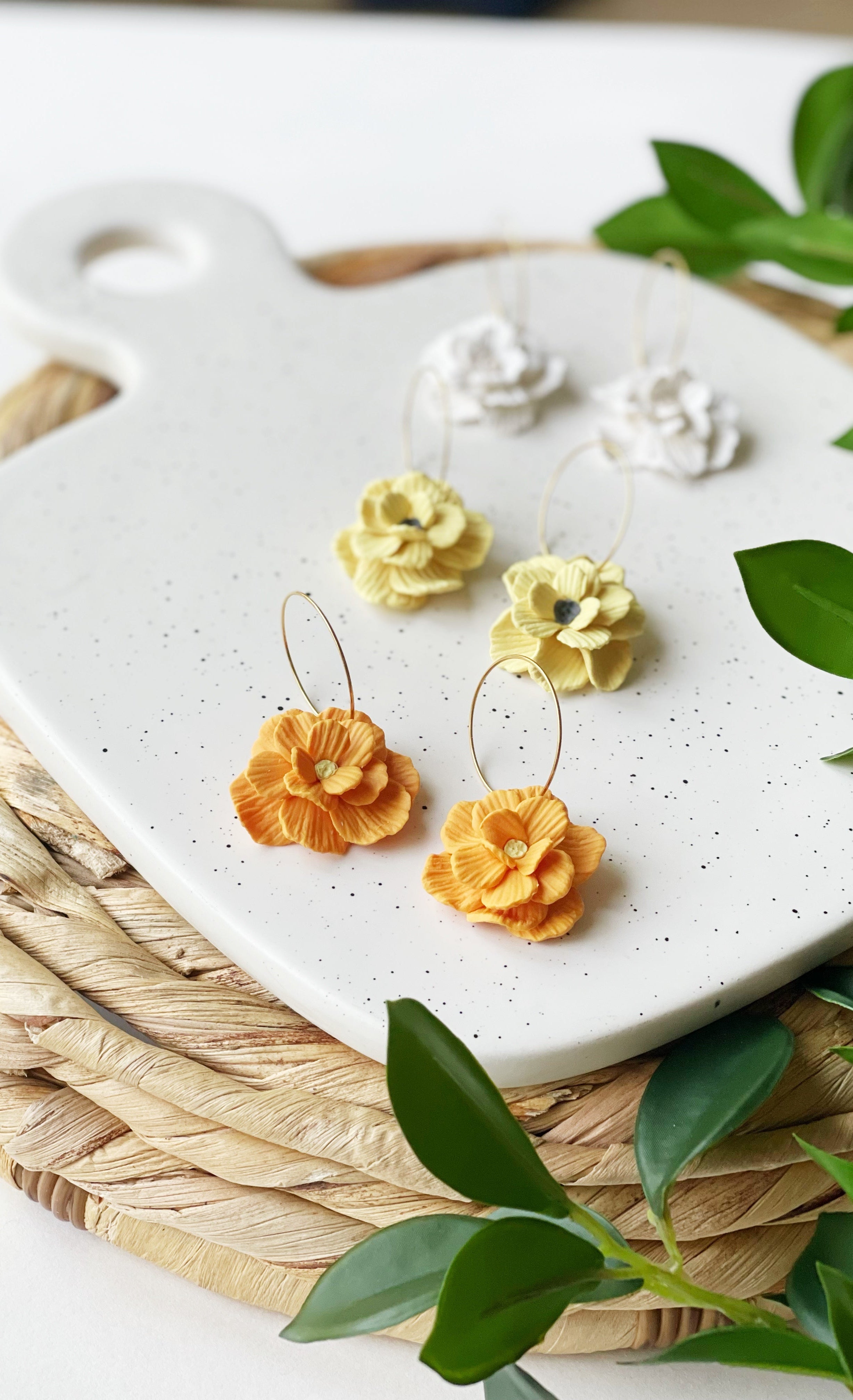Clay Earrings | Flowers on Gold Hoops Kush Life Designs