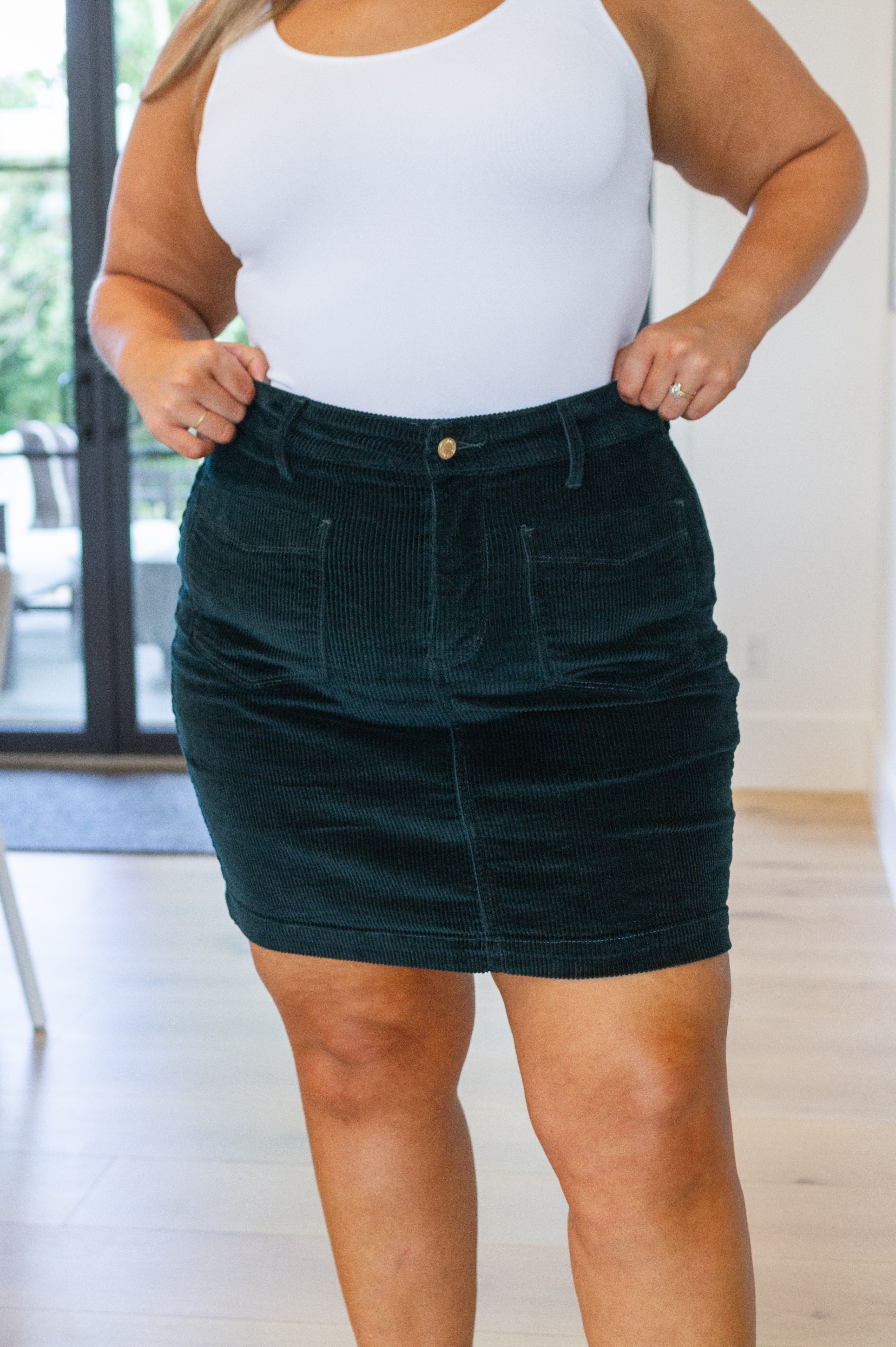 Melinda Corduroy Patch Pocket Skirt in Emerald Ave Shops