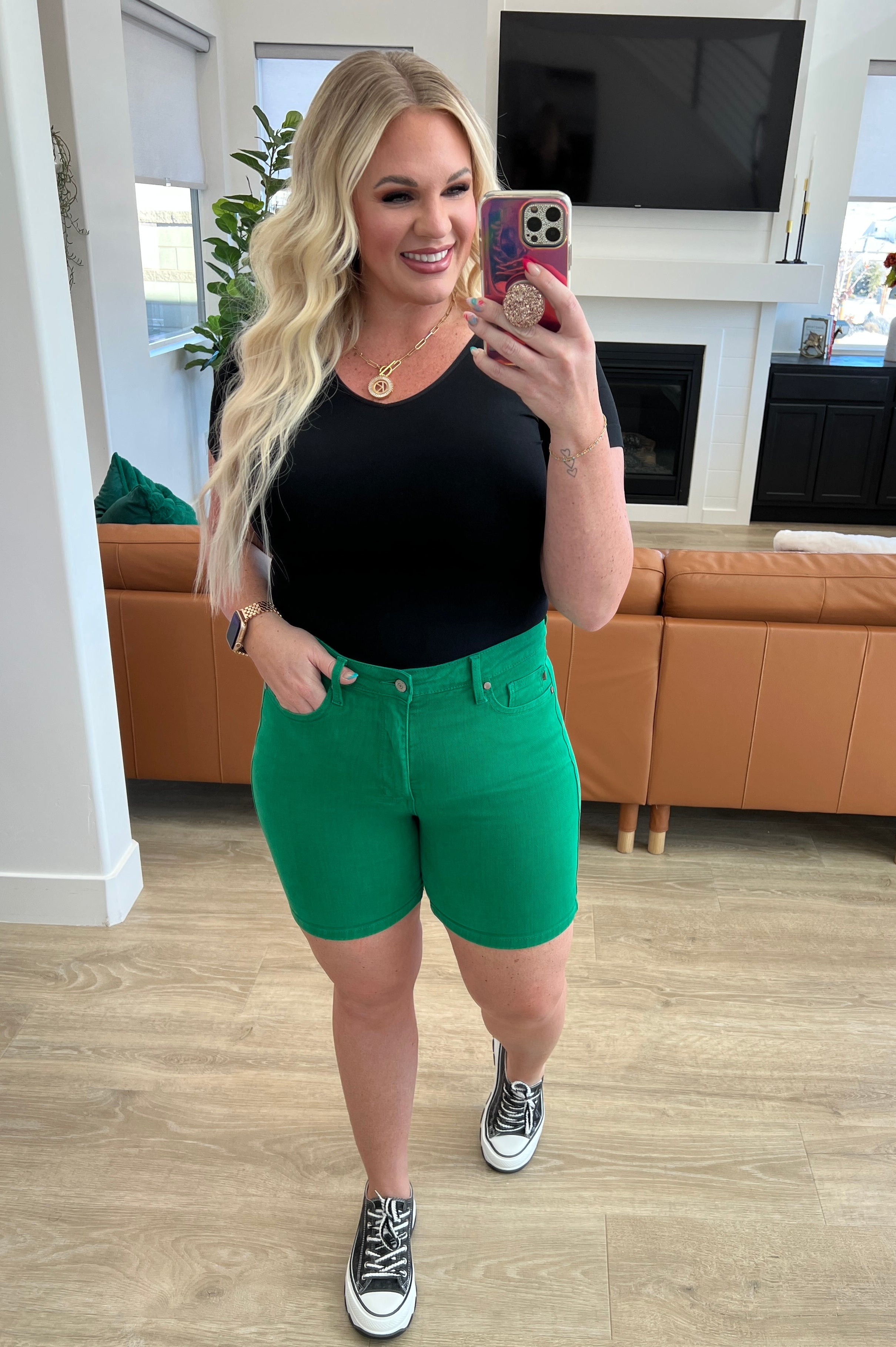 Jenna High Rise Control Top Cuffed Shorts in Green Ave Shops