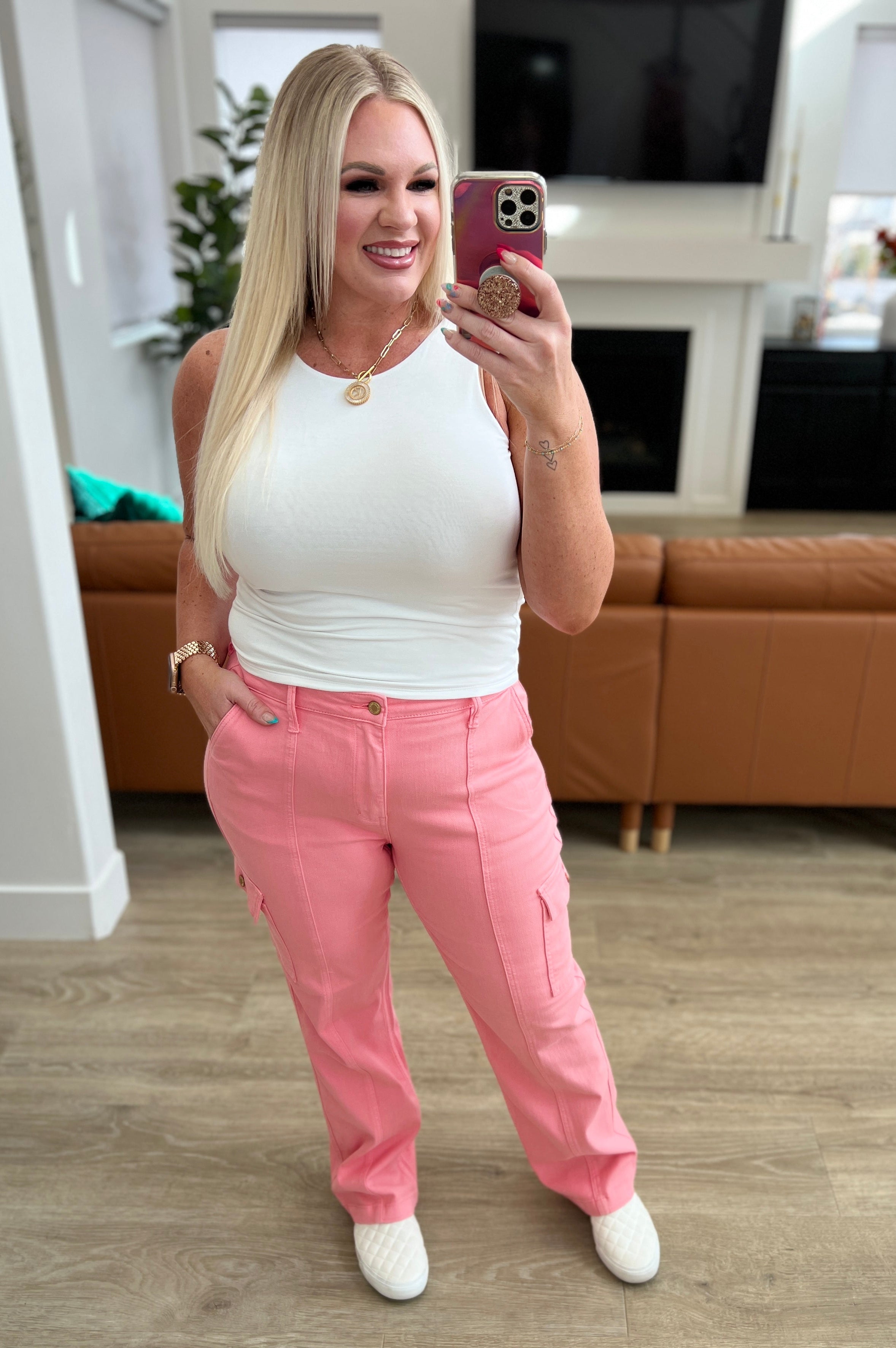 Peggy High Rise Cargo Straight Jeans in Pink Ave Shops