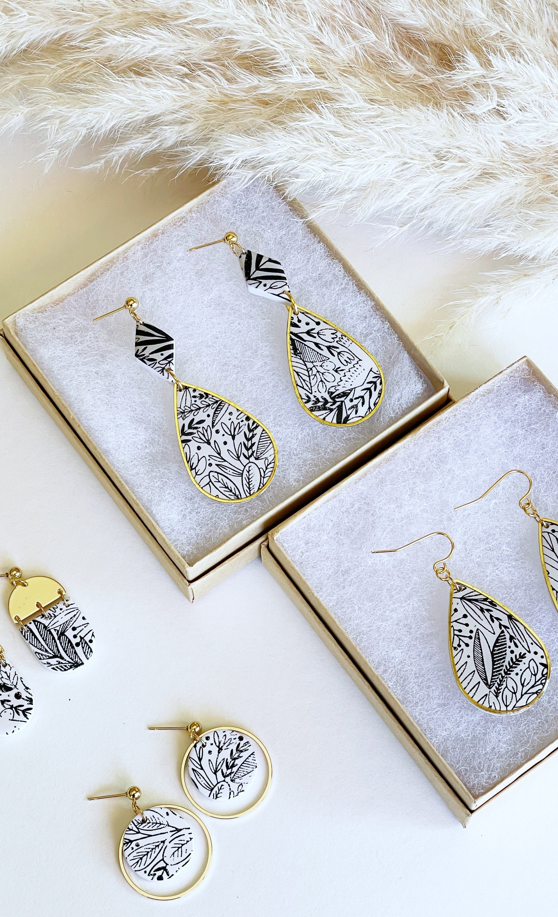 Clay Earrings | Gold Stenciled Pendant Dangles Kush Life Designs