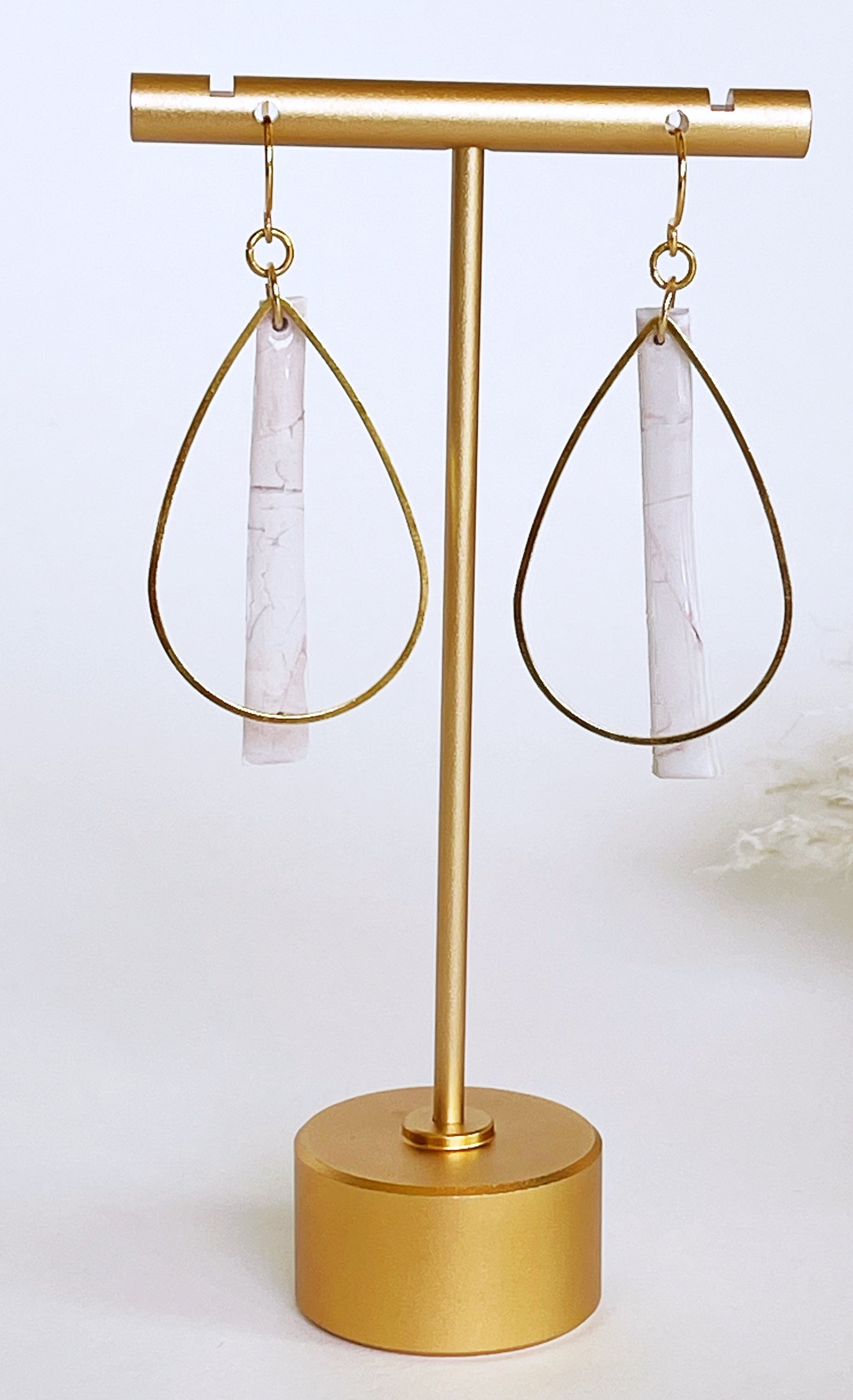 Clay Earrings | Cream Marble Teardrop Stick Dangle Kush Life Designs