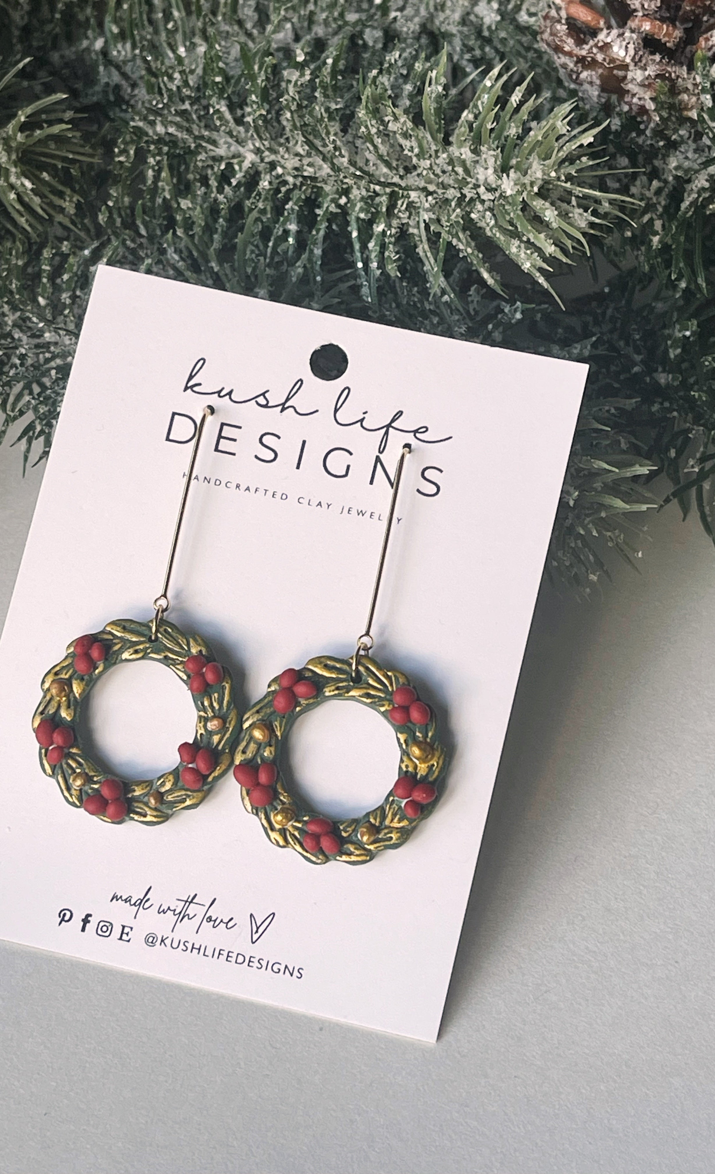 Clay Earrings | Gold Trimmed Christmas Wreath Dangle Kush Life Designs