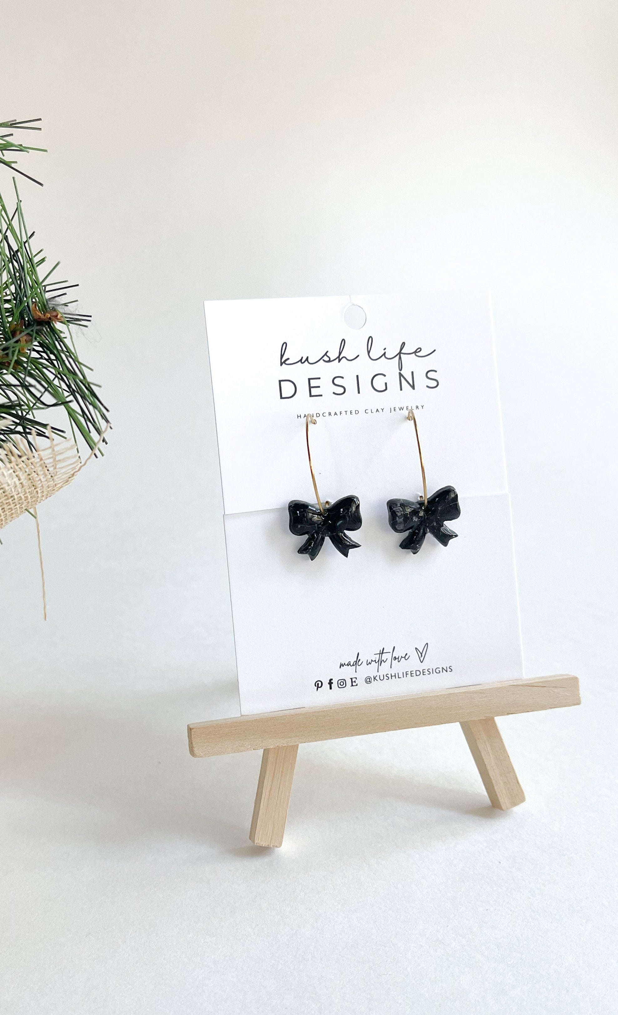 Clay Earrings | Glossy Black "Marble" Bow Hoops Kush Life Designs