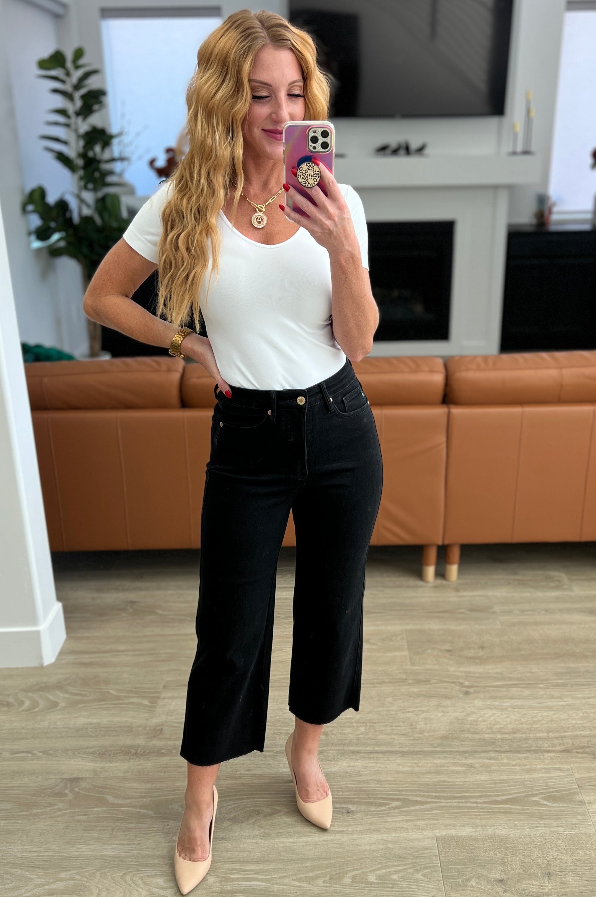 Lizzy High Rise Control Top Wide Leg Crop Jeans in Black Ave Shops