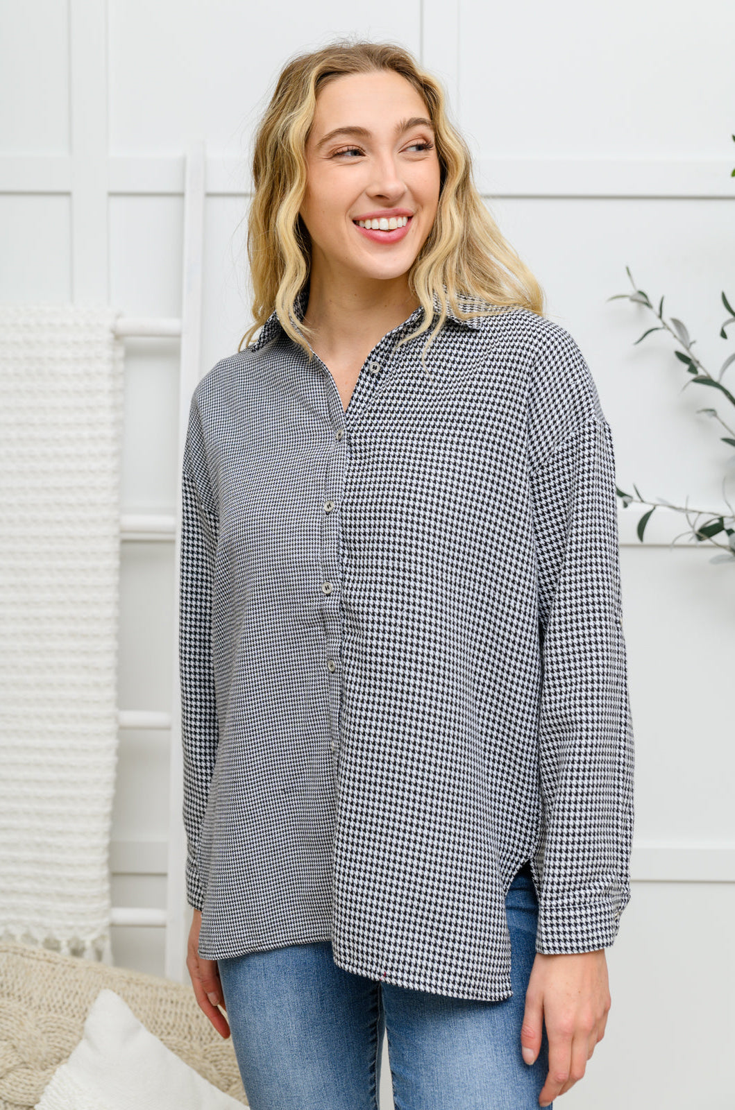 Mixed Houndstooth Button Up Top Ave Shops