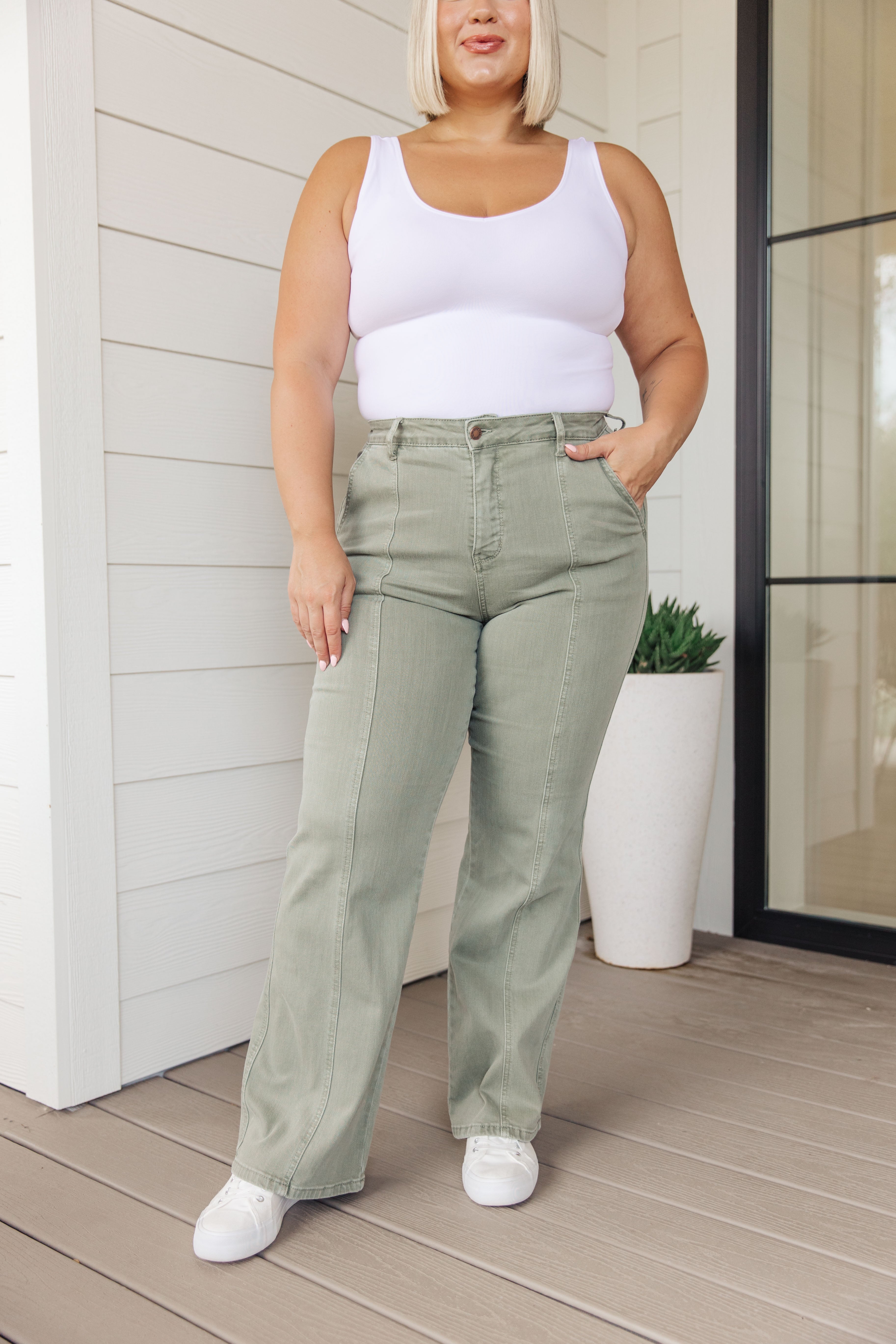 Phoebe High Rise Front Seam Straight Jeans in Sage Ave Shops