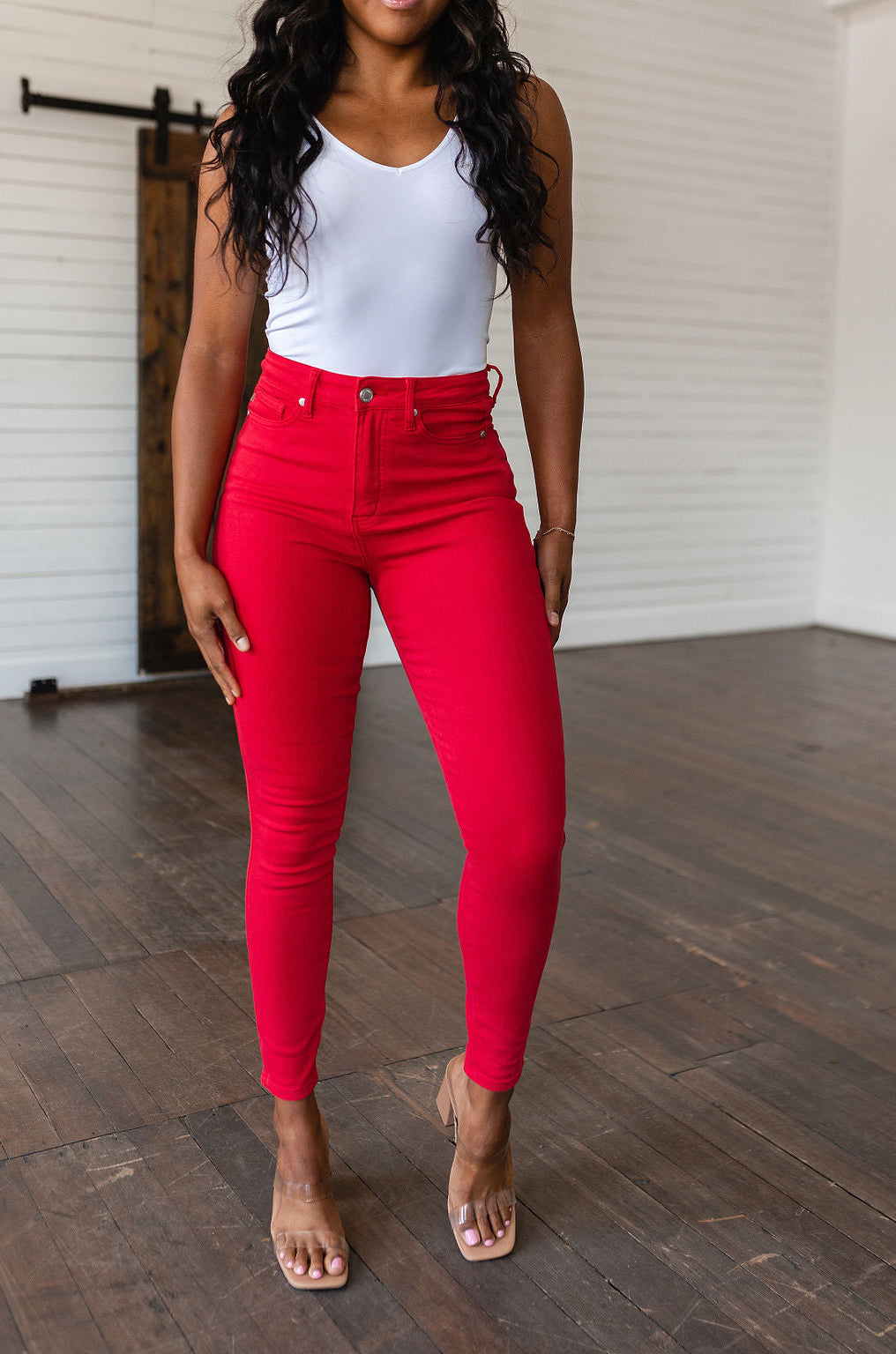 Ruby High Rise Control Top Garment Dyed Skinny Jeans in Red Ave Shops