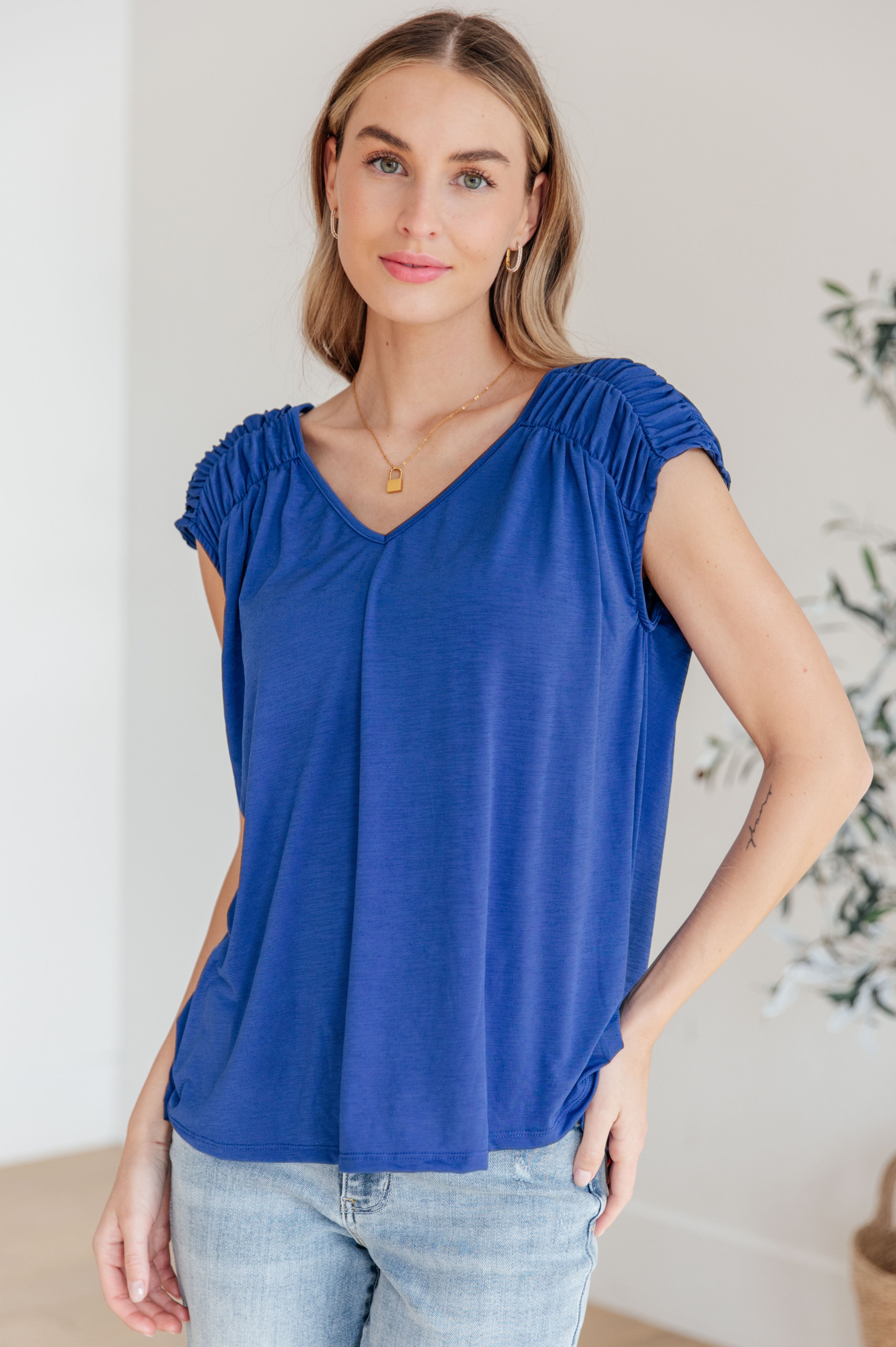 Ruched Cap Sleeve Top in Royal Blue Ave Shops
