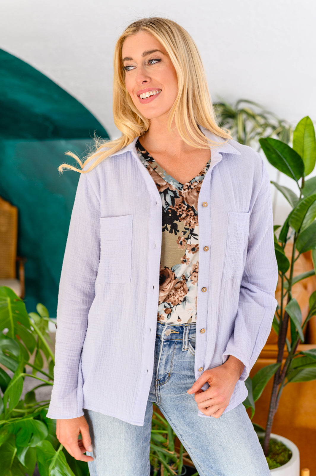 Skies The Limit Button Up in Lavender Blue Ave Shops