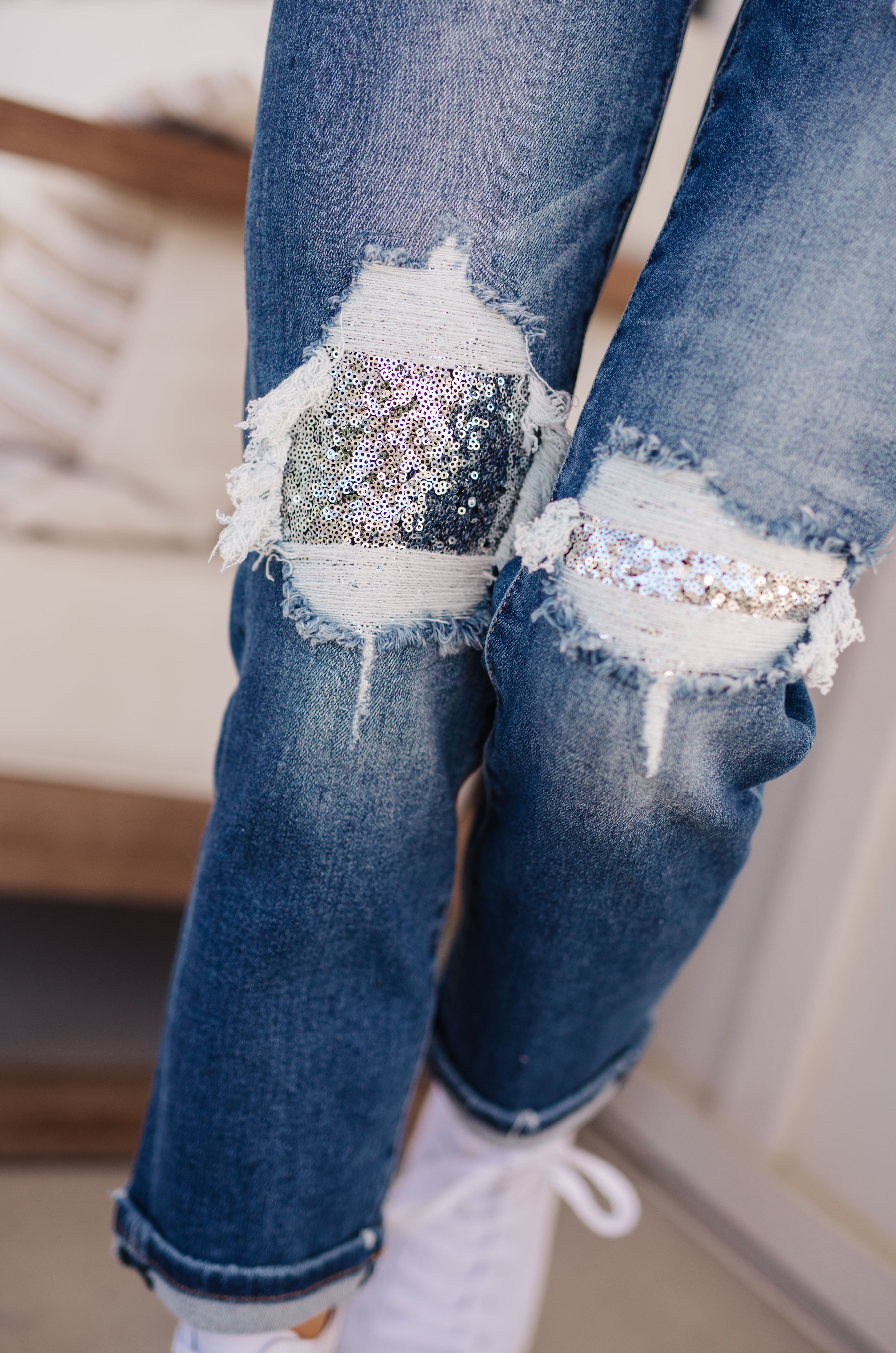 Suki Mid Rise Sequin Patch Tapered Jeans Ave Shops