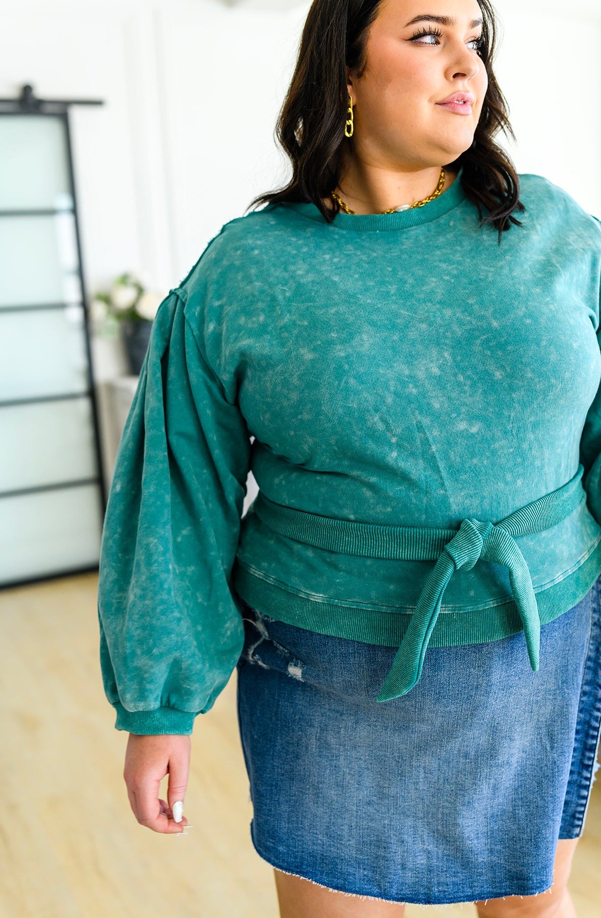 Tied Up In Cuteness Mineral Wash Sweater in Teal Ave Shops