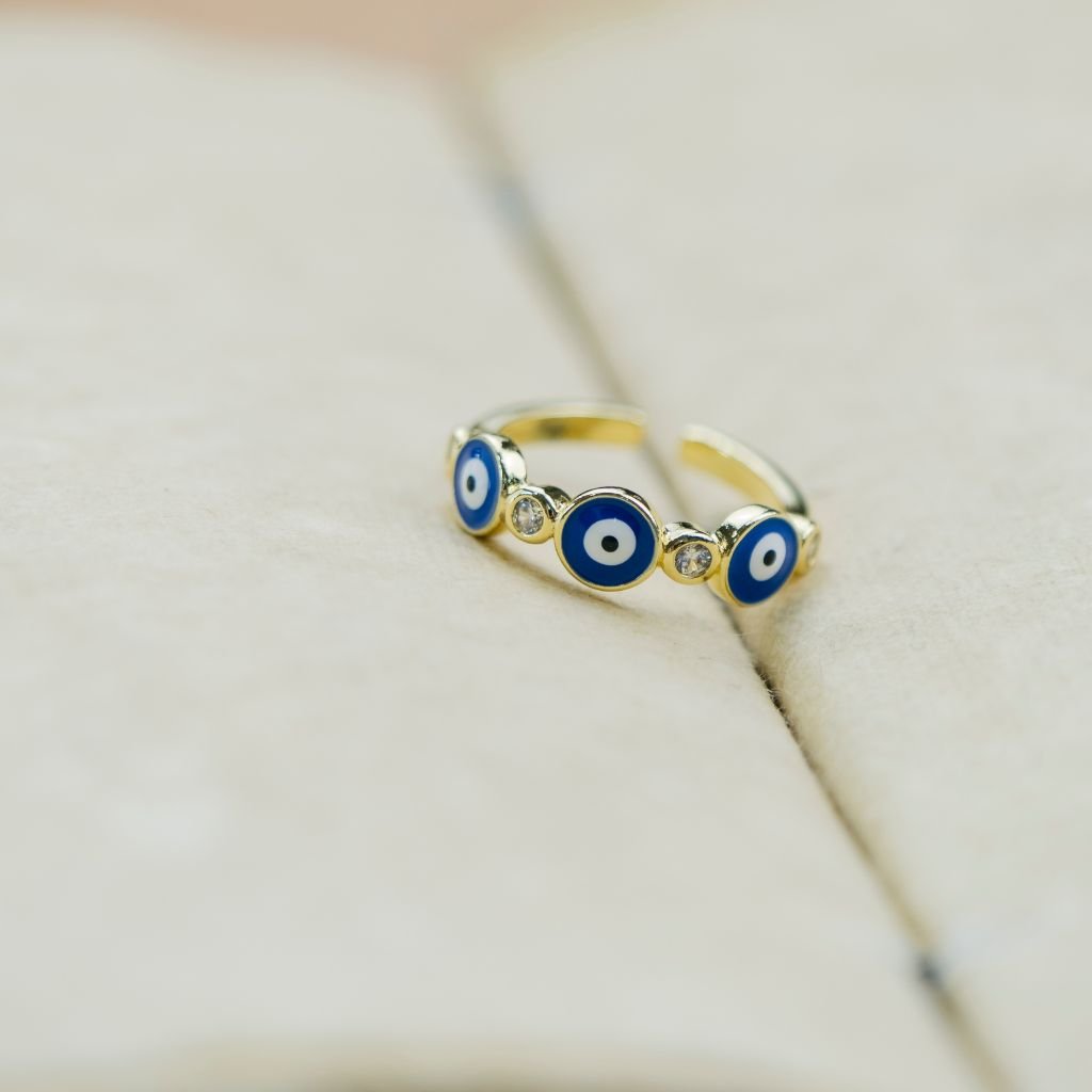 Adjustable Blue White Slim Beaded Stackable Protection Evil Eye Ring The Colourful Aura